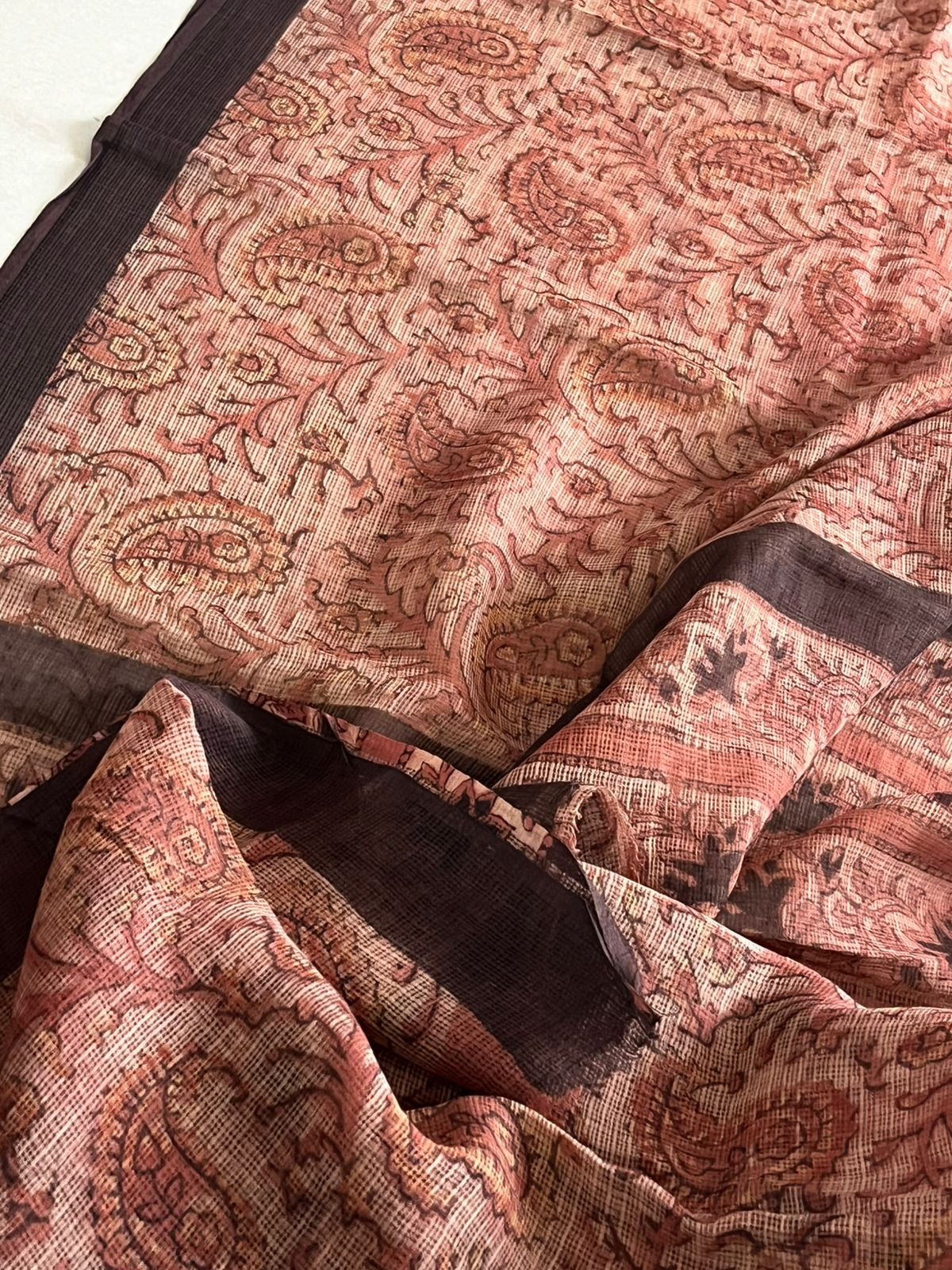 Pure Kota Cotton Sarees with Ajrakh Handblock Print - Brownish Red