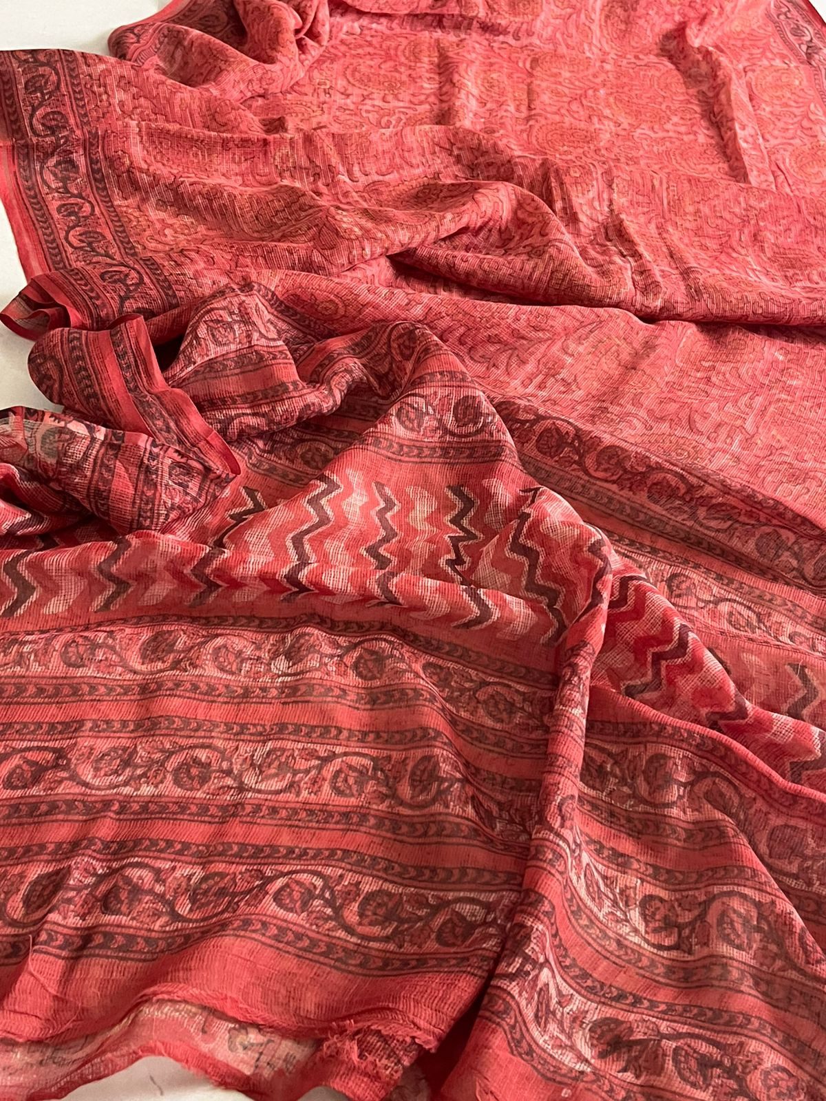 Pure Kota Cotton Sarees with Ajrakh Handblock Print - Red