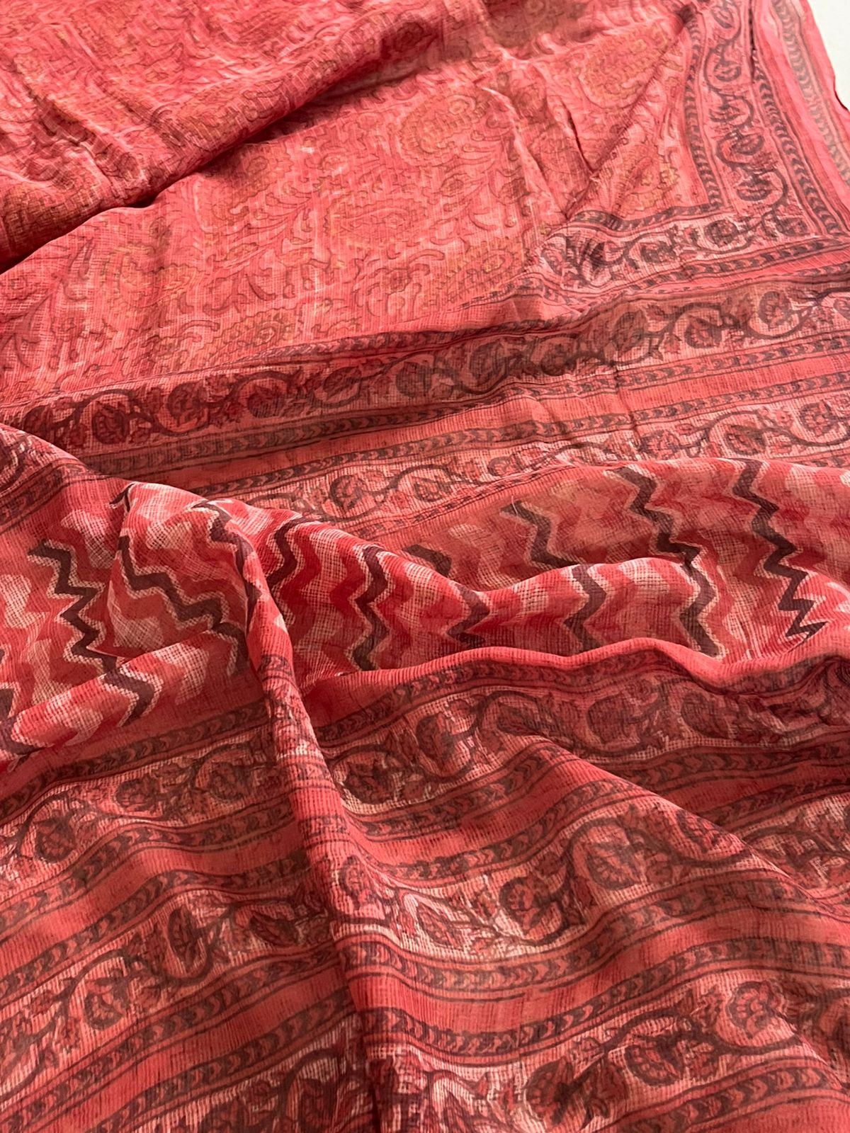 Pure Kota Cotton Sarees with Ajrakh Handblock Print - Red