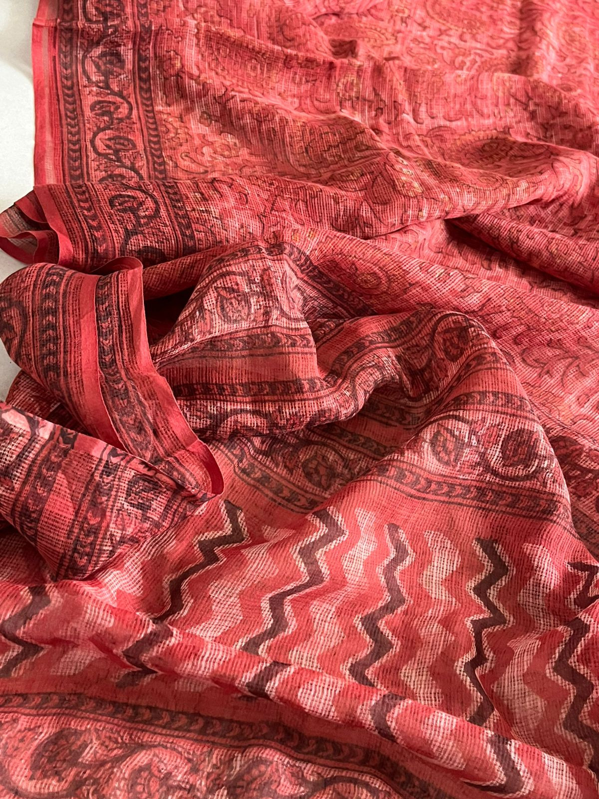 Pure Kota Cotton Sarees with Ajrakh Handblock Print - Red
