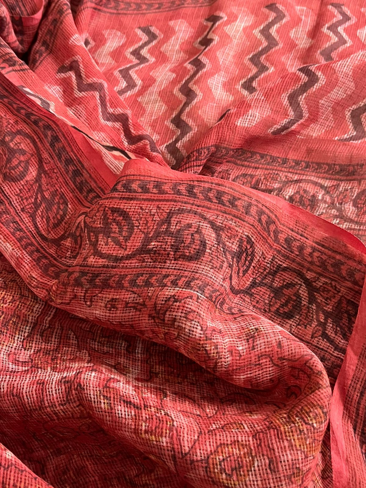 Pure Kota Cotton Sarees with Ajrakh Handblock Print - Red