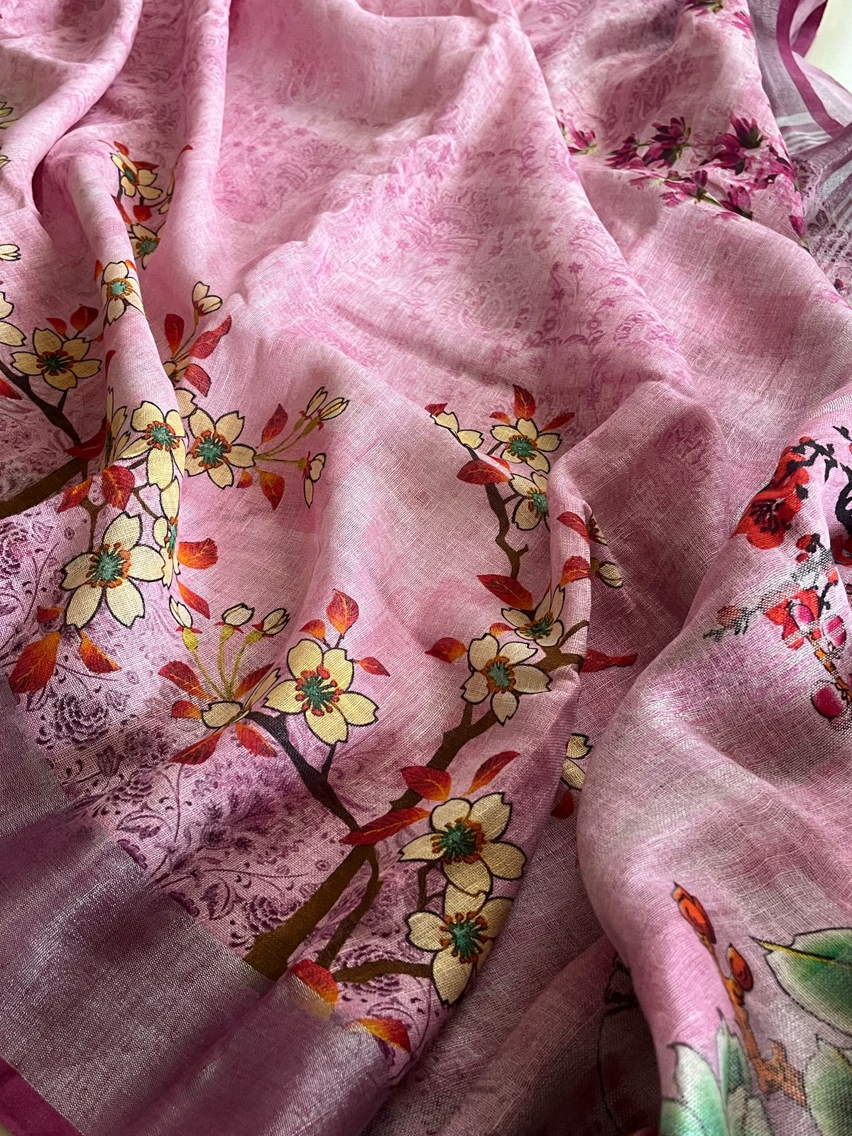 Pure Linen Woven Sarees - Pink