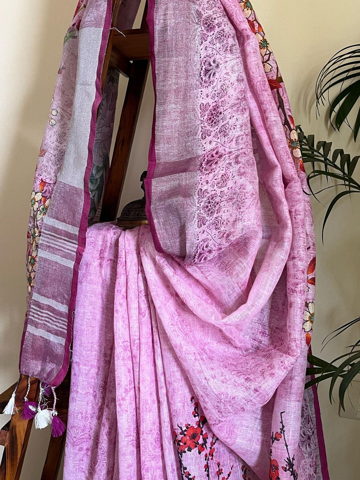Pure Linen Woven Sarees - Pink