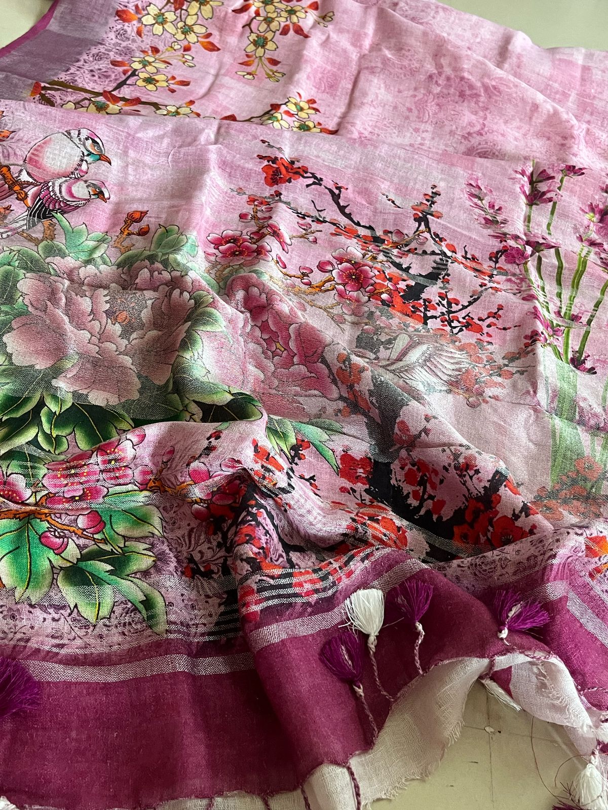 Pure Linen Woven Sarees - Pink