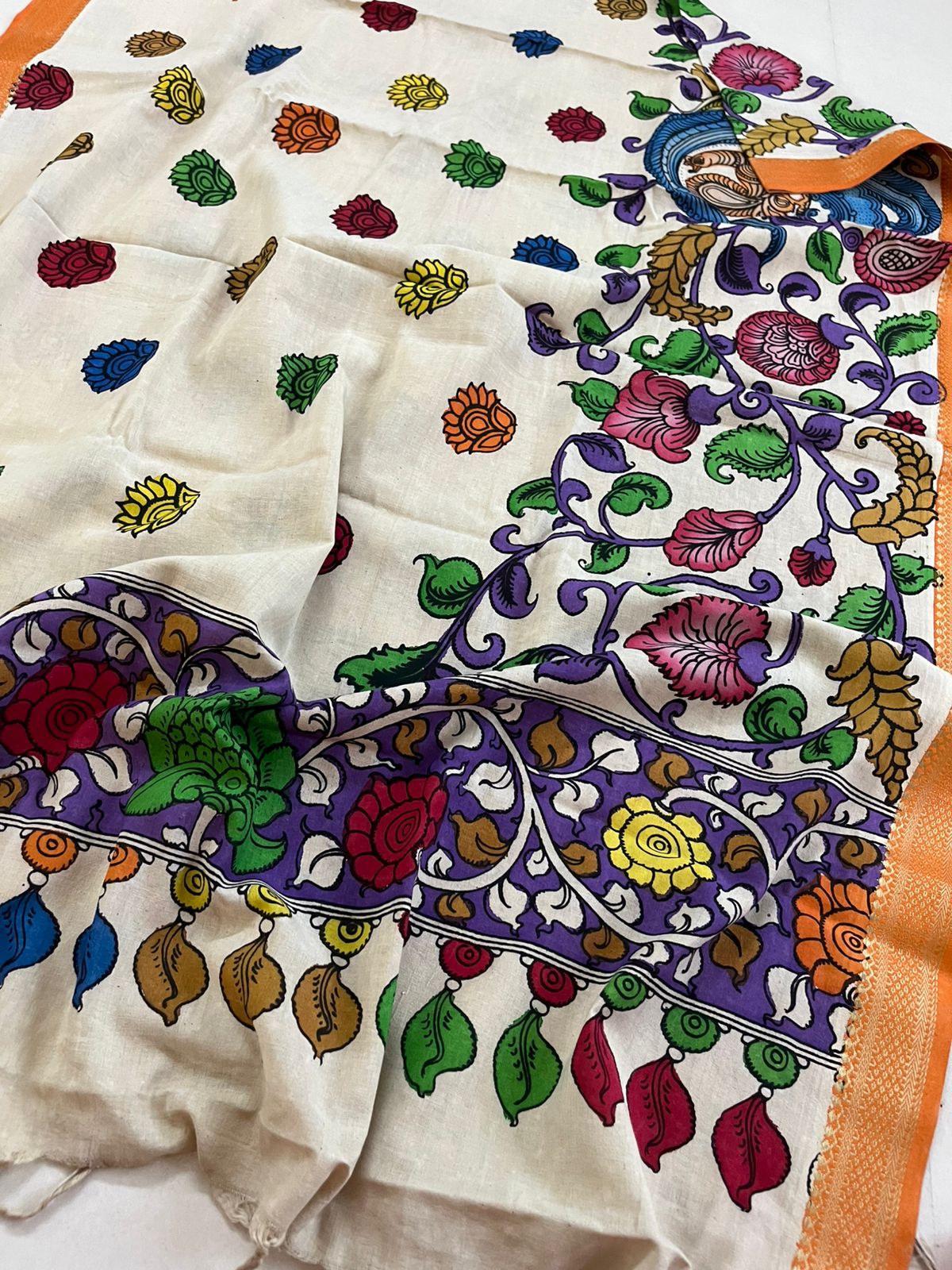 Pure Mangalgiri Cotton Kalamkari Handpainted Dupatta- Beige With Multicolors