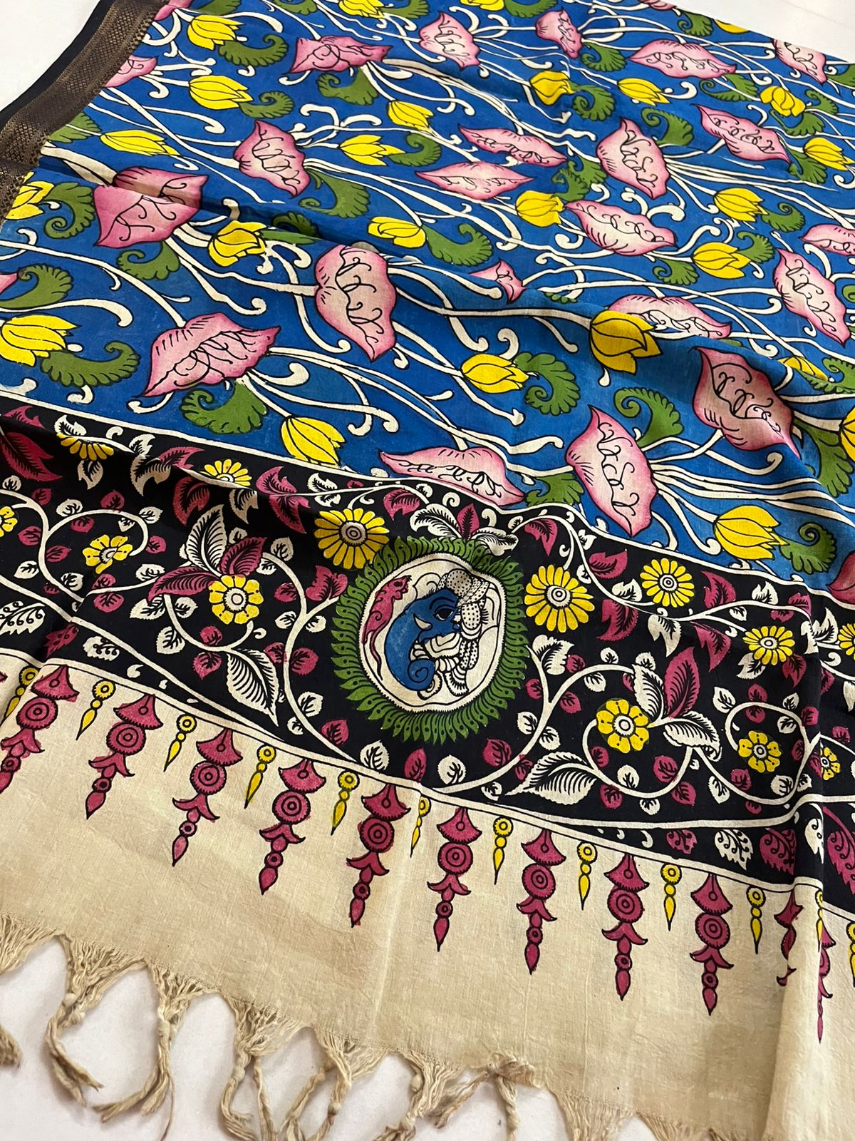 Pure Mangalgiri Cotton Kalamkari Handpainted Dupatta- Beige With Multicolors