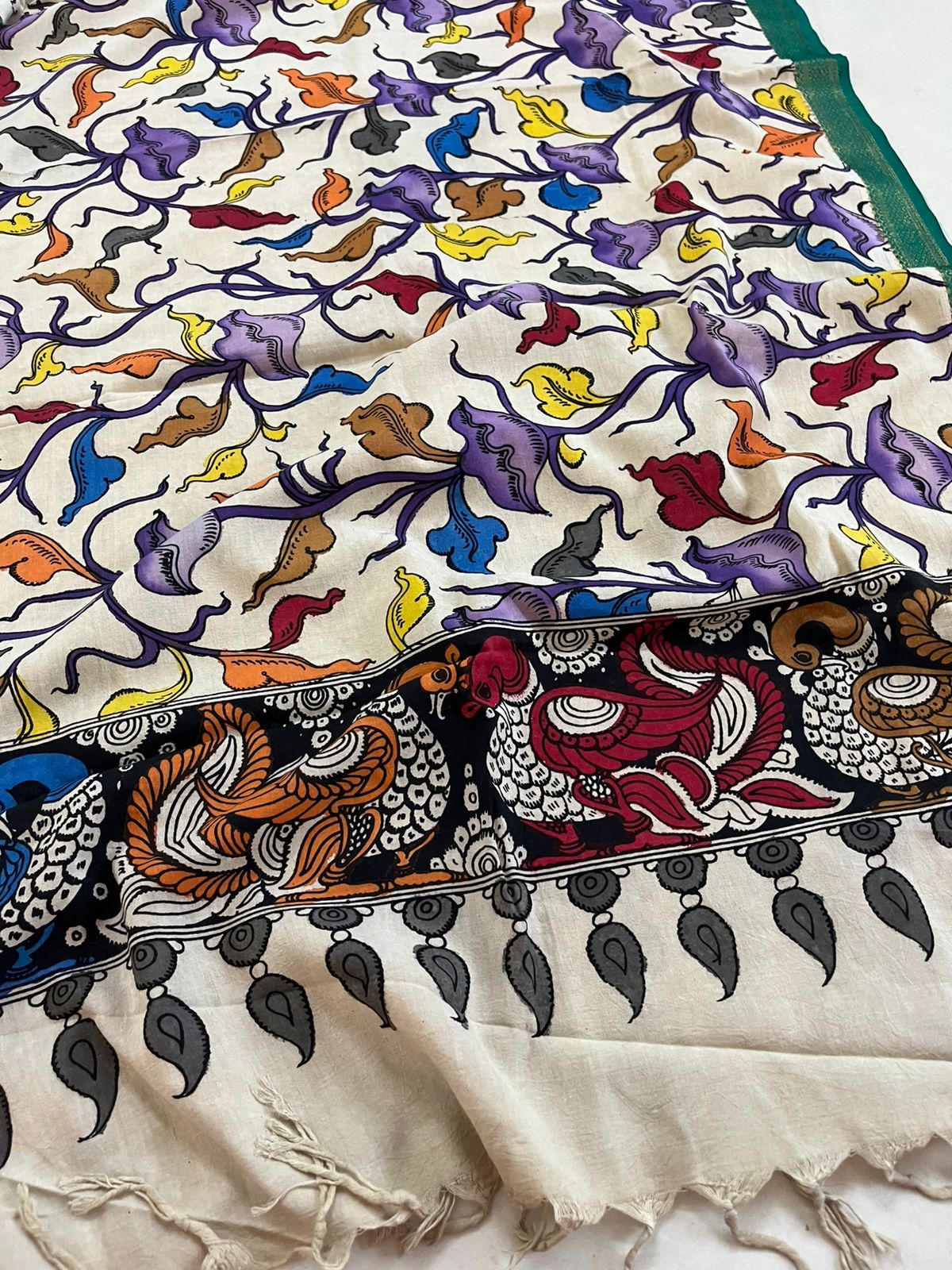 Pure Mangalgiri Cotton Kalamkari Handpainted Dupatta- Beige With Multicolors