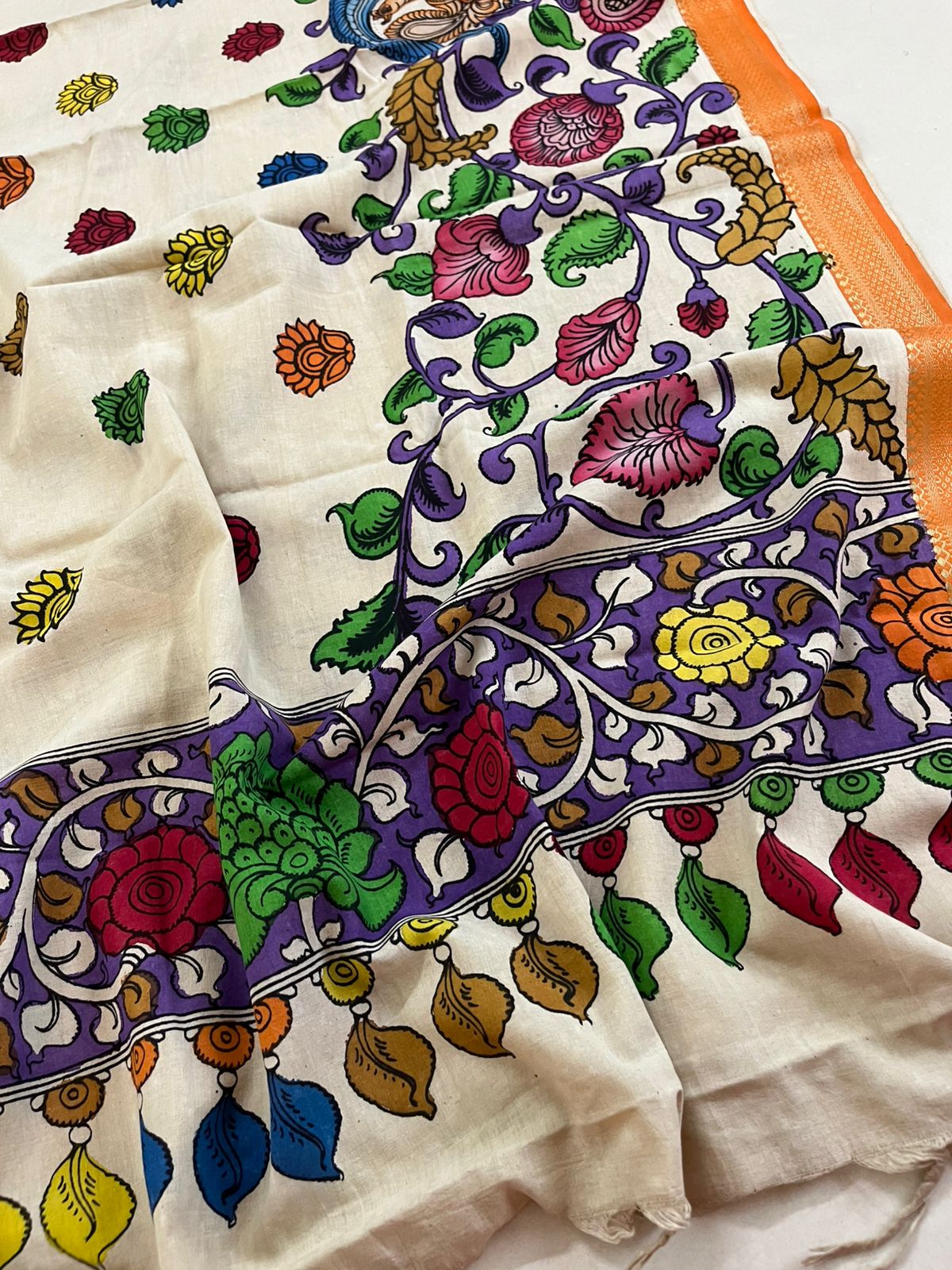 Pure Mangalgiri Cotton Kalamkari Handpainted Dupatta- Beige With Multicolors