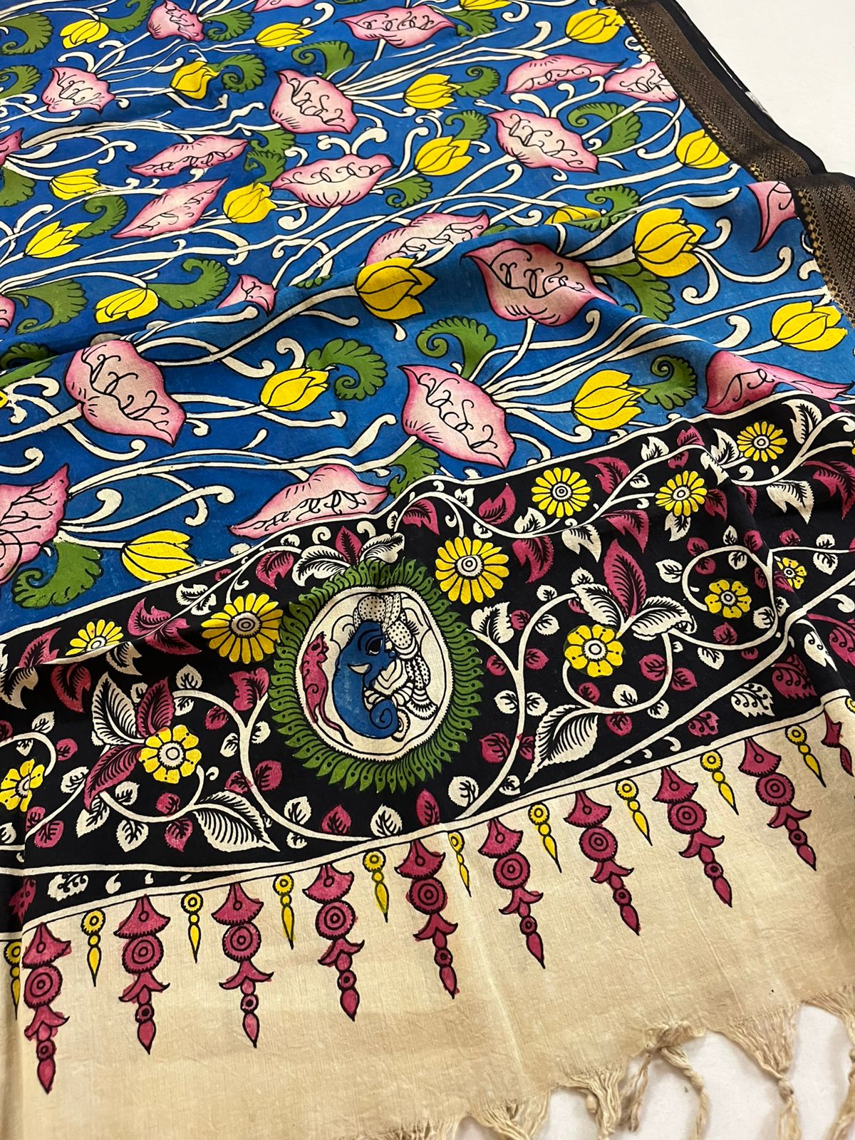 Pure Mangalgiri Cotton Kalamkari Handpainted Dupatta- Beige With Multicolors