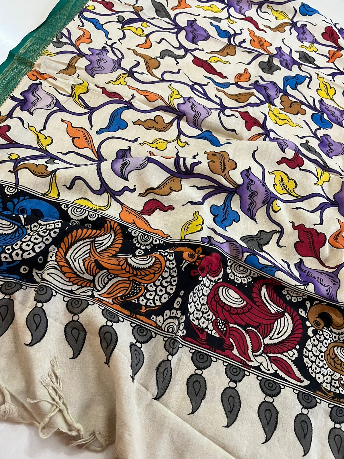 Pure Mangalgiri Cotton Kalamkari Handpainted Dupatta- Beige With Multicolors