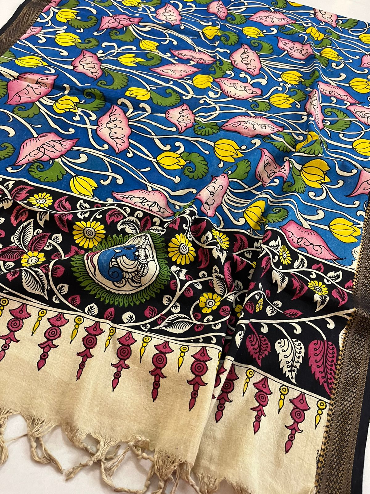 Pure Mangalgiri Cotton Kalamkari Handpainted Dupatta- Beige With Multicolors