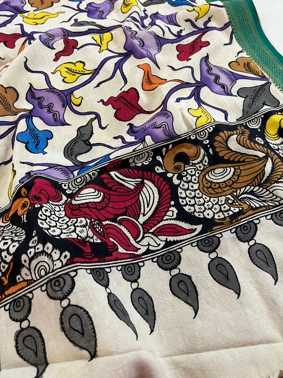 Pure Mangalgiri Cotton Kalamkari Handpainted Dupatta- Beige With Multicolors