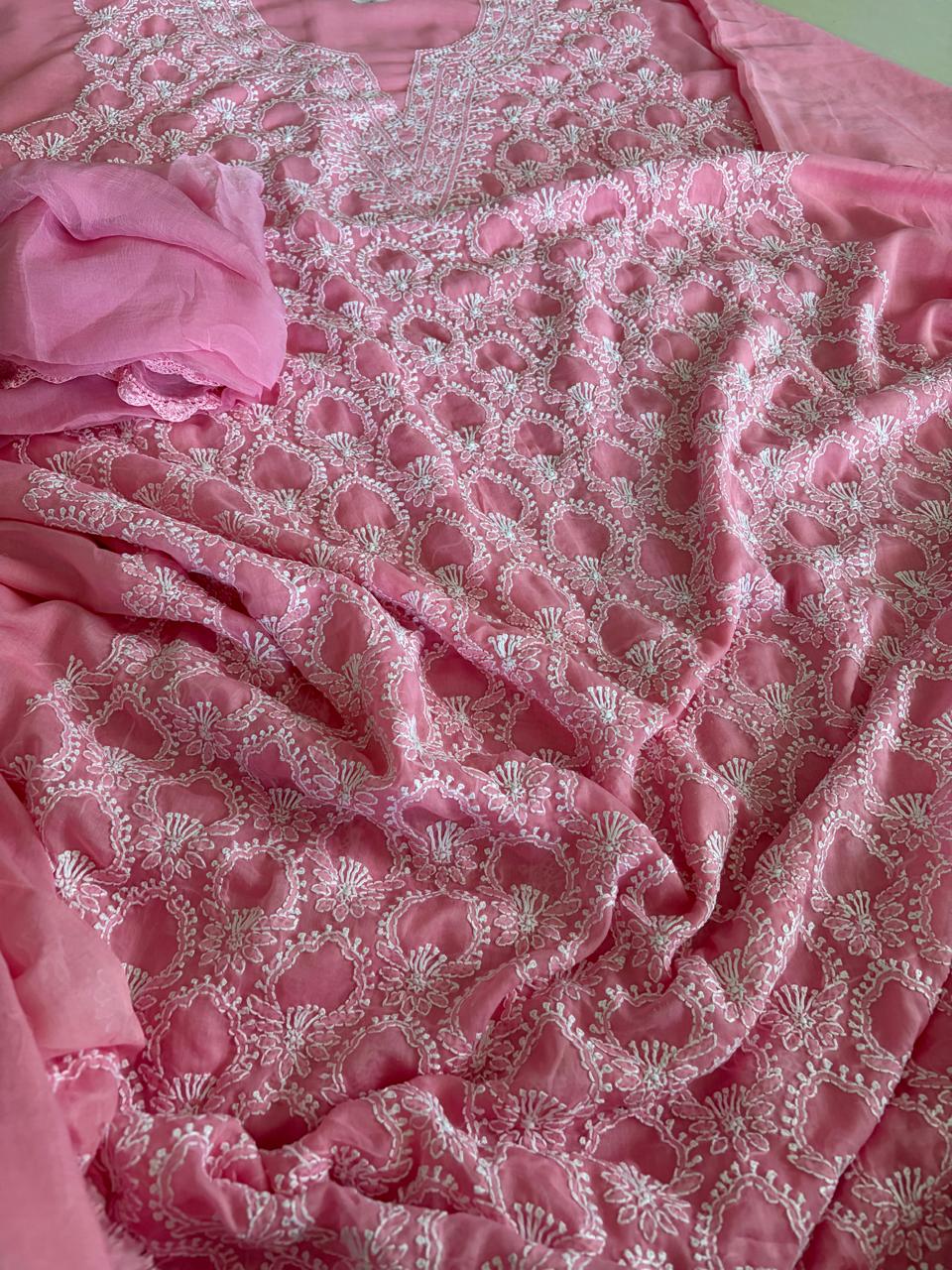 Pure Mul Chikankari 3-Piece Suit  Pink