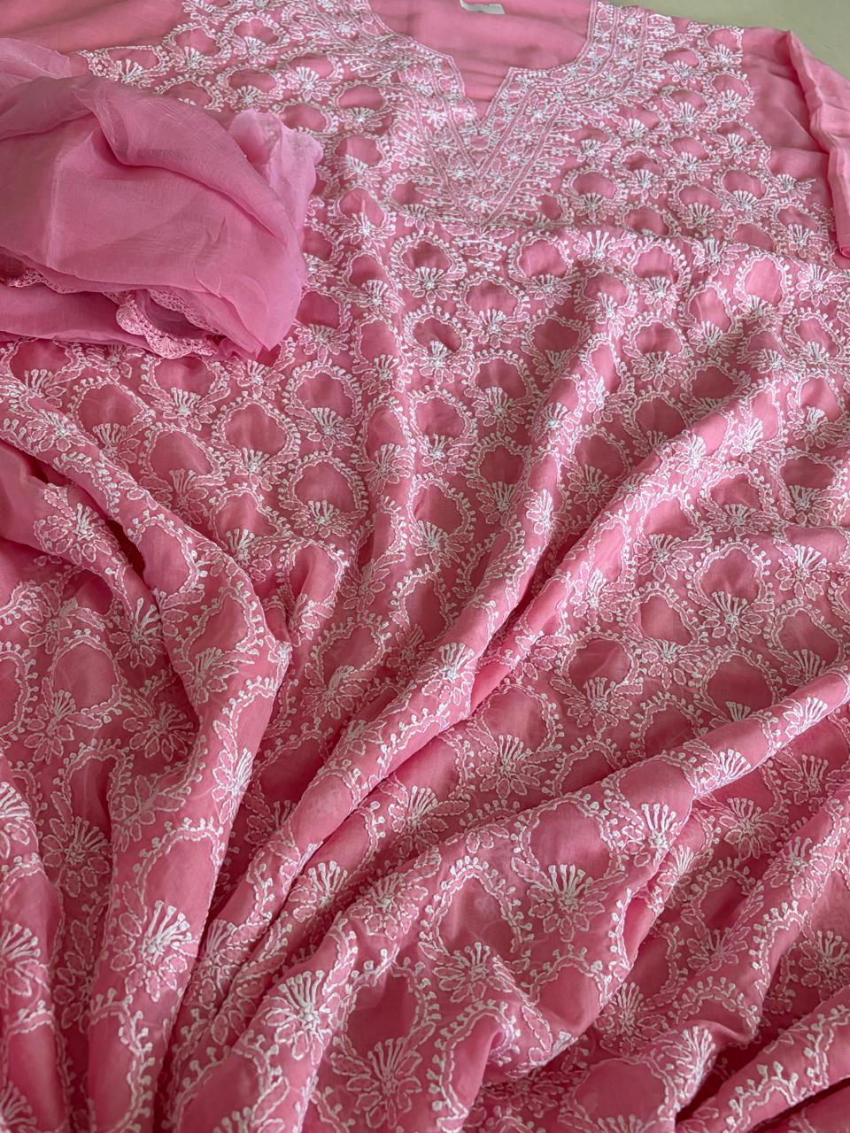 Pure Mul Chikankari 3-Piece Suit Pink