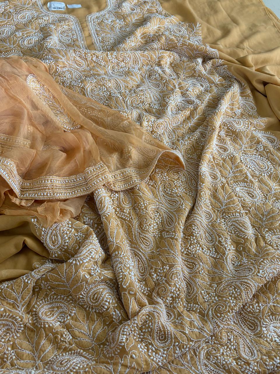 Pure Mul 3 piece suit with pearl work - Musted Yellow