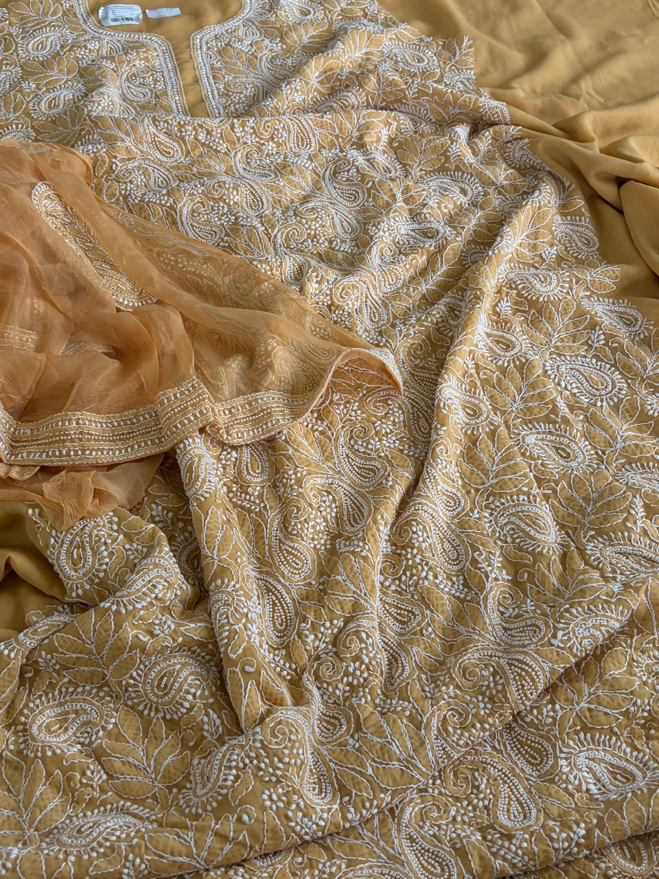 Pure Mul 3 piece suit with pearl work - Musted Yellow
