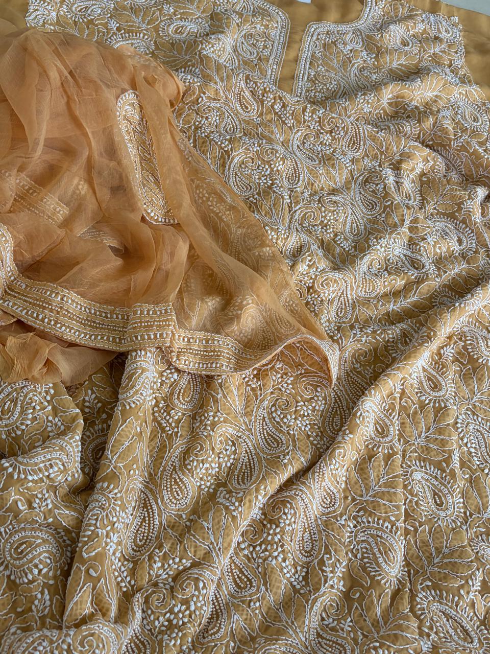 Pure Mul 3 piece suit with pearl work - Musted Yellow