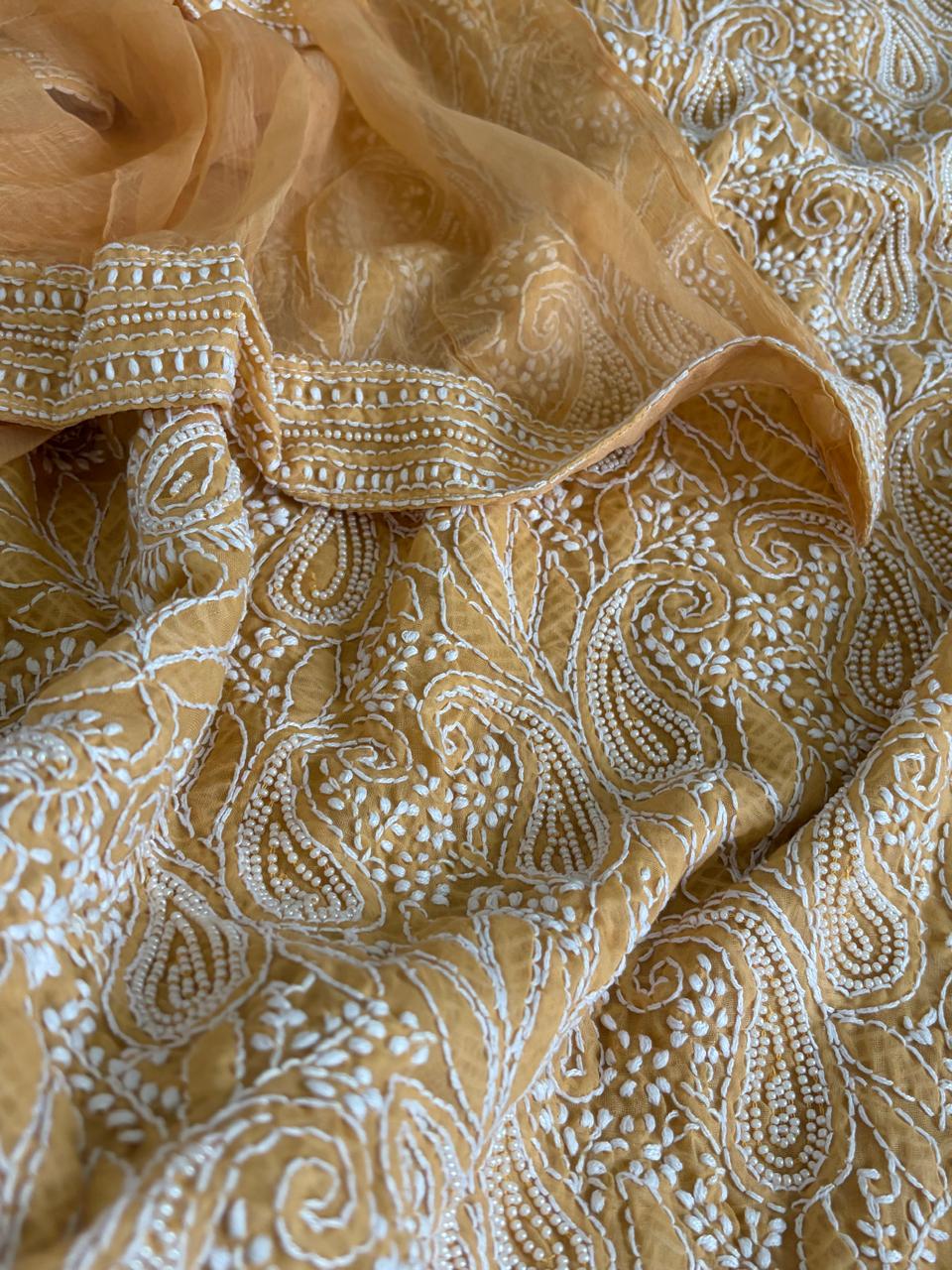 Pure Mul 3 piece suit with pearl work - Musted Yellow