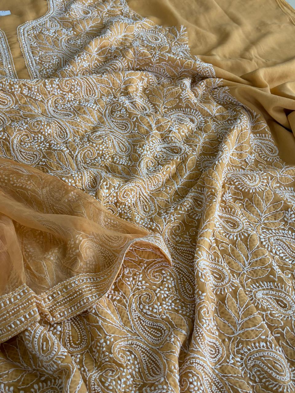 Pure Mul 3 piece suit with pearl work - Musted Yellow