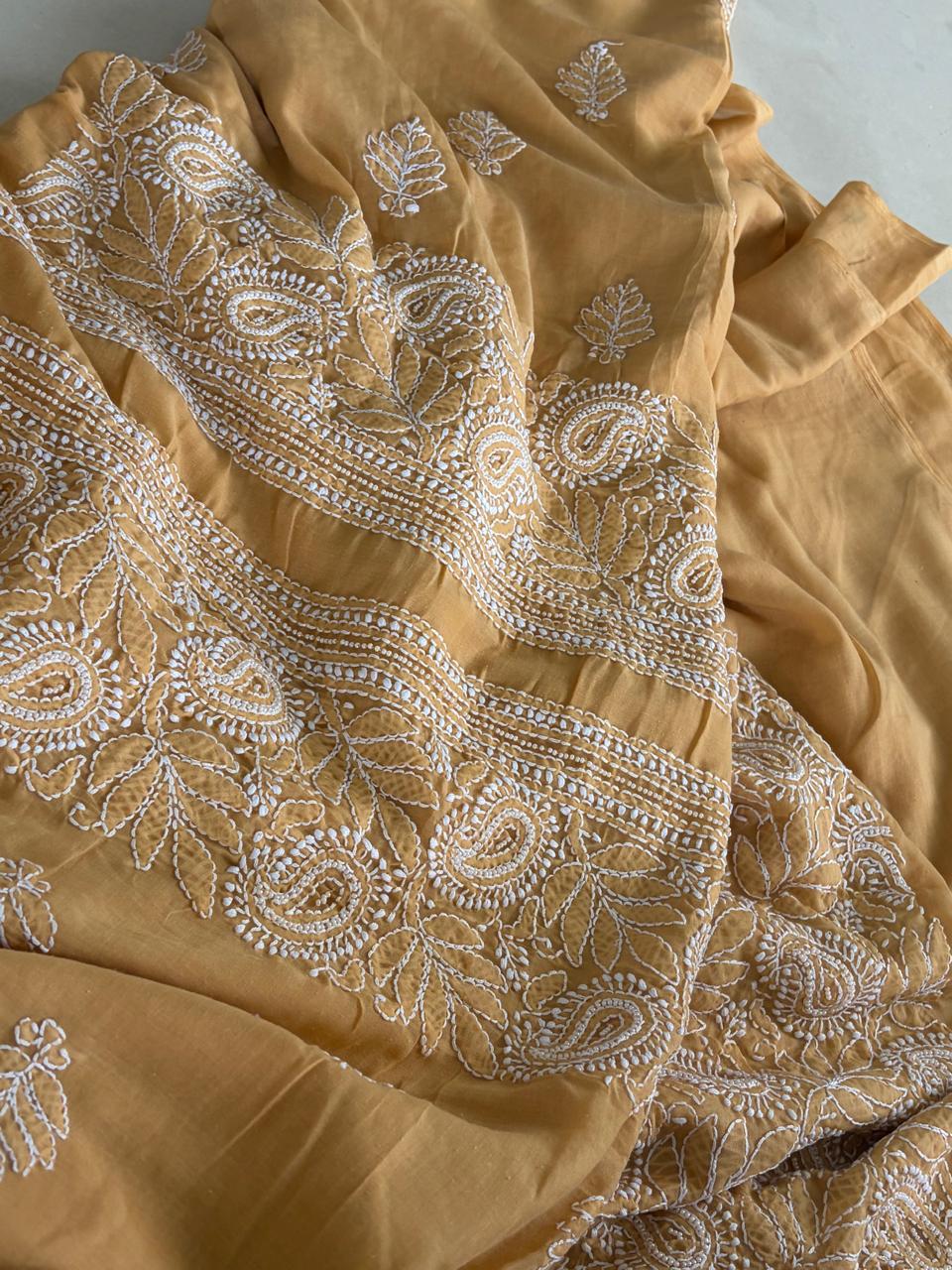 Pure Mul 3 piece suit with pearl work - Musted Yellow