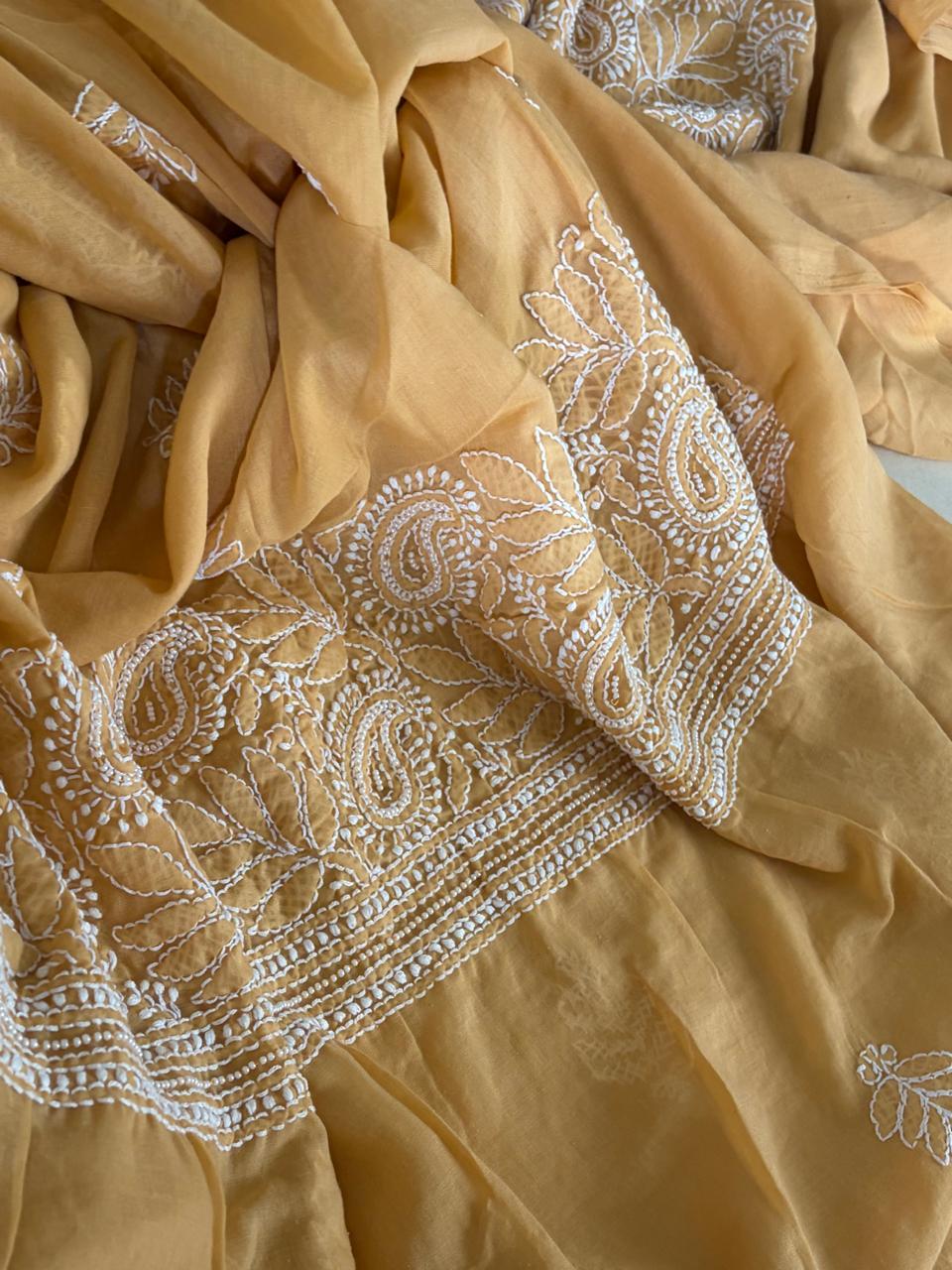 Pure Mul 3 piece suit with pearl work - Musted Yellow
