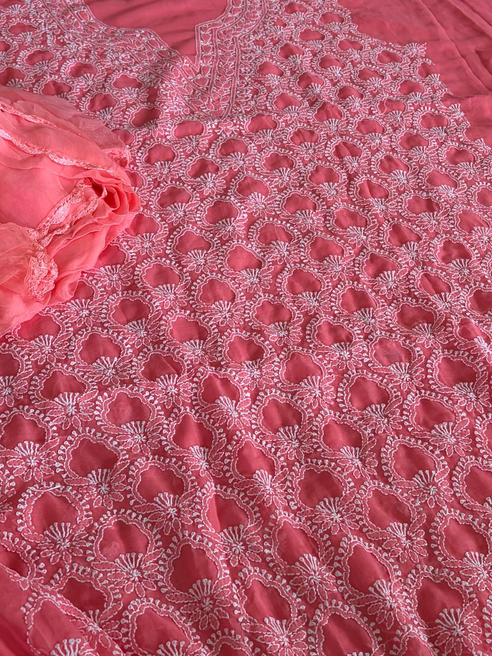 Pure Mul Chikankari 3-Piece Suit  Coral