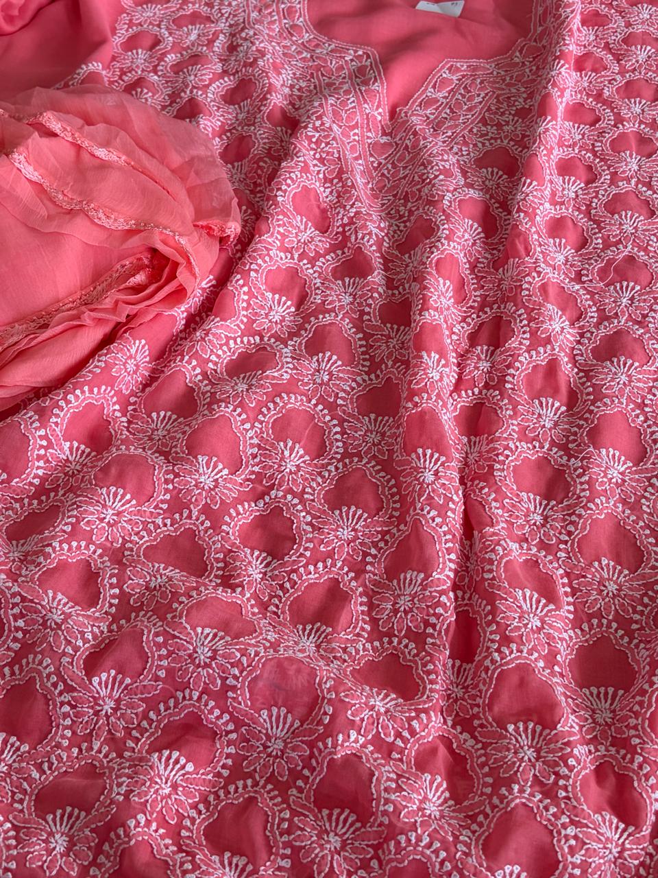 Pure Mul Chikankari 3-Piece Suit  Coral