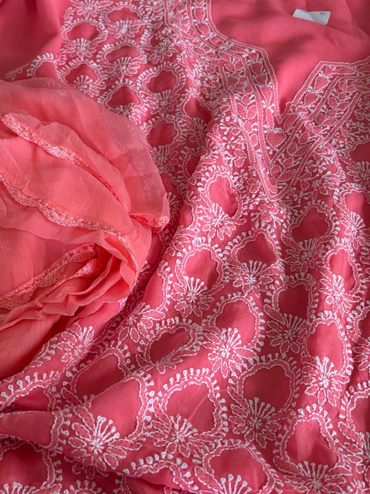 Image of Pure Mul Chikankari 3-Piece Suit – Coral