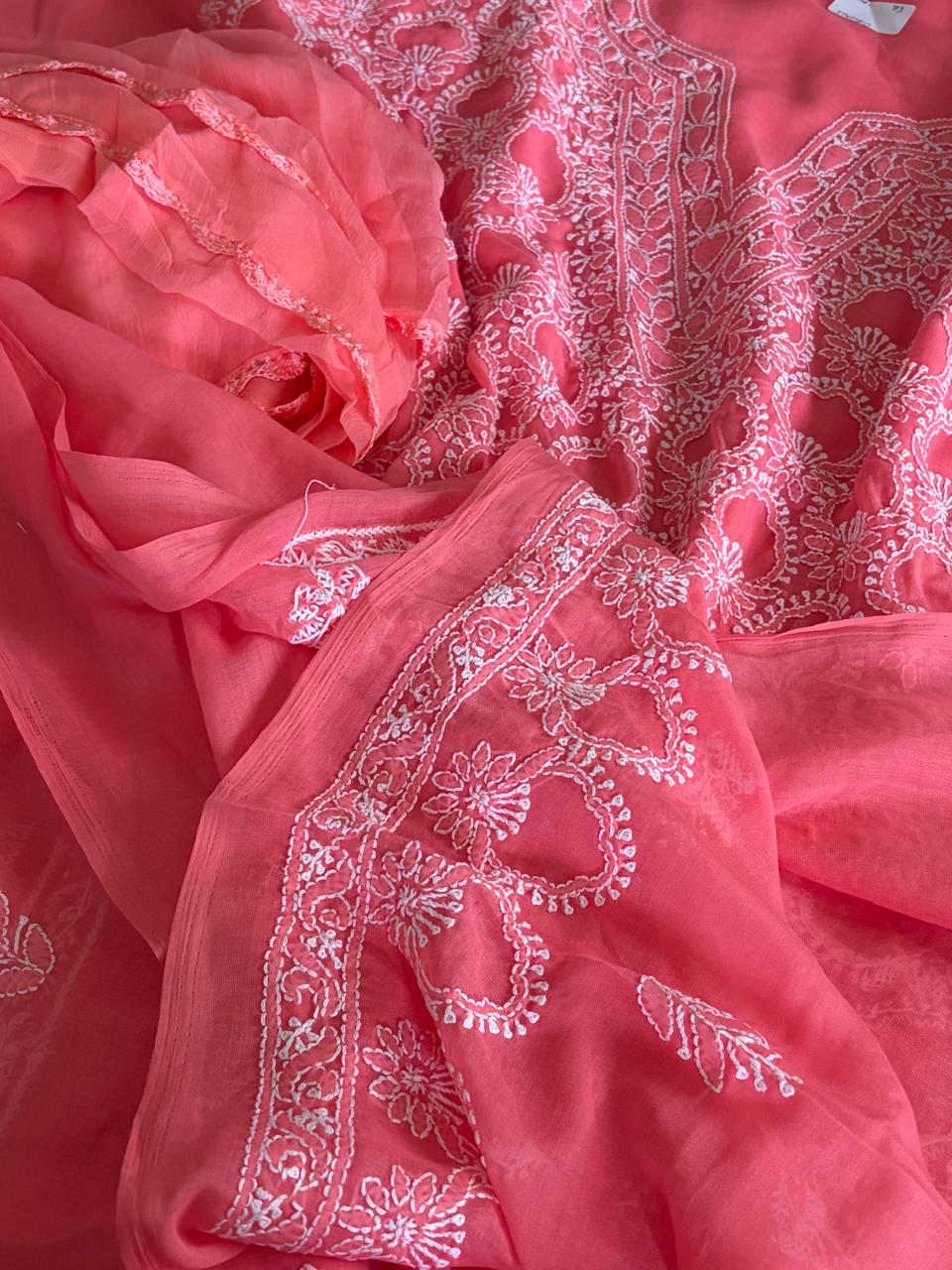 Pure Mul Chikankari 3-Piece Suit Coral