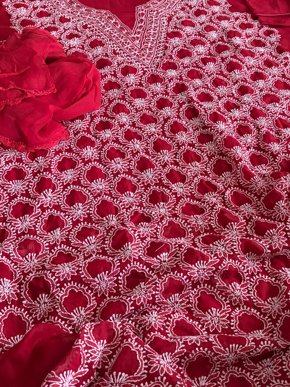 Pure Mul Chikankari 3-Piece Suit  Red