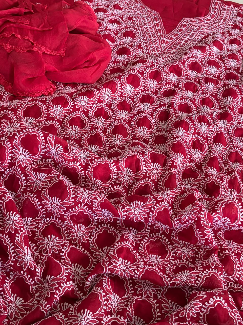 Pure Mul Chikankari 3-Piece Suit  Red