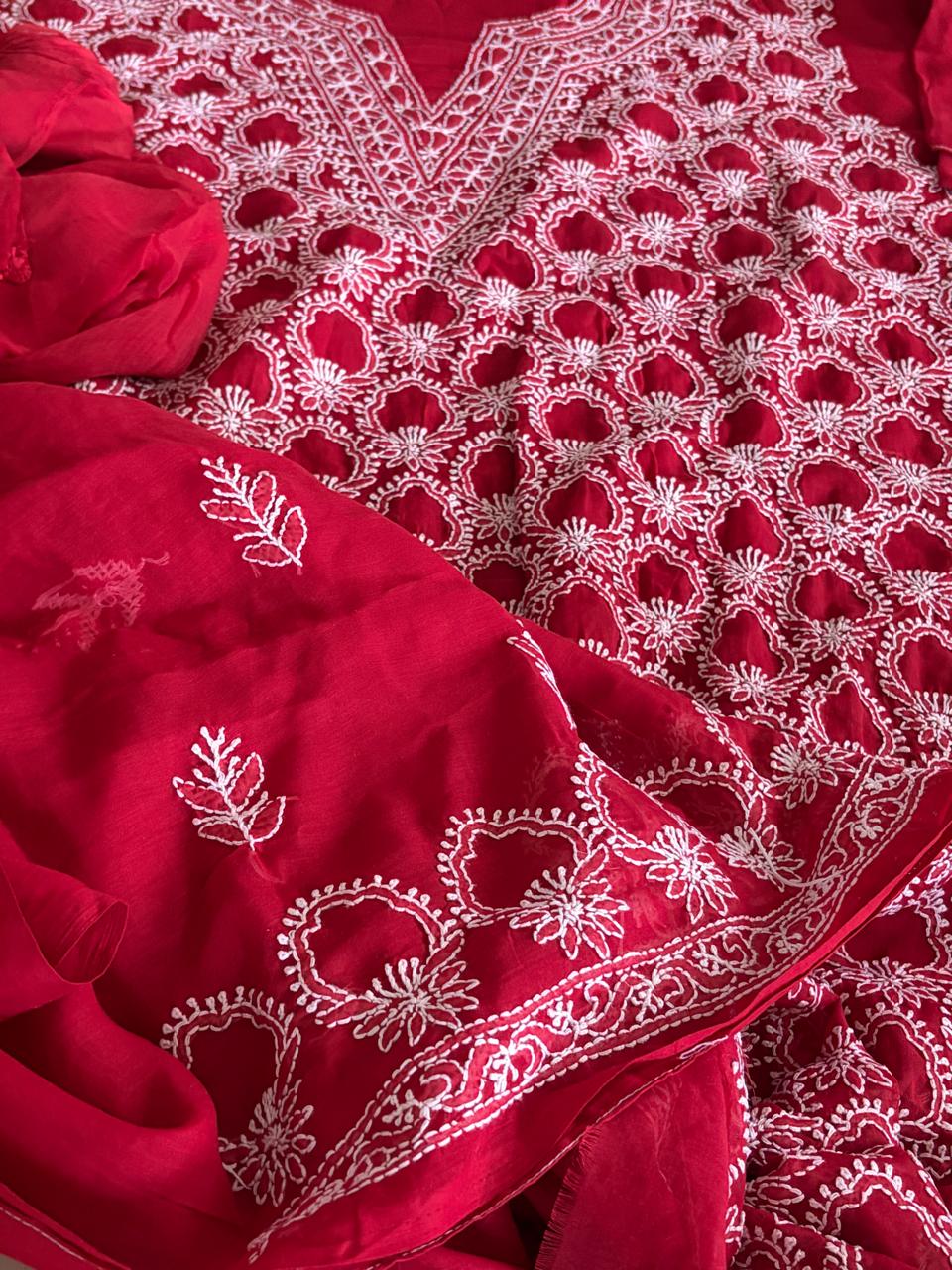 Pure Mul Chikankari 3-Piece Suit  Red