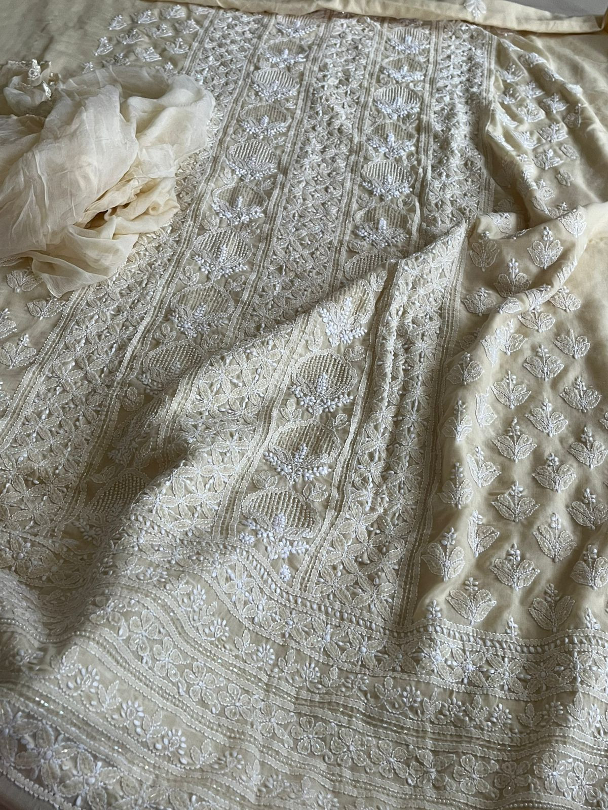 Pure mul cotton 3 piece suit with pearl work - Beige