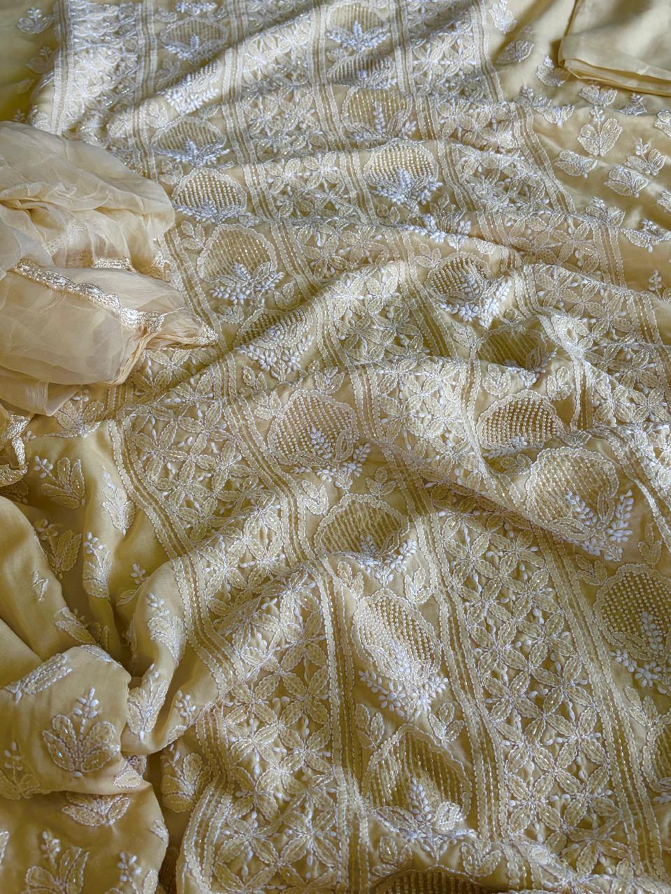 Pure mul cotton 3 piece suit with pearl work - Beige