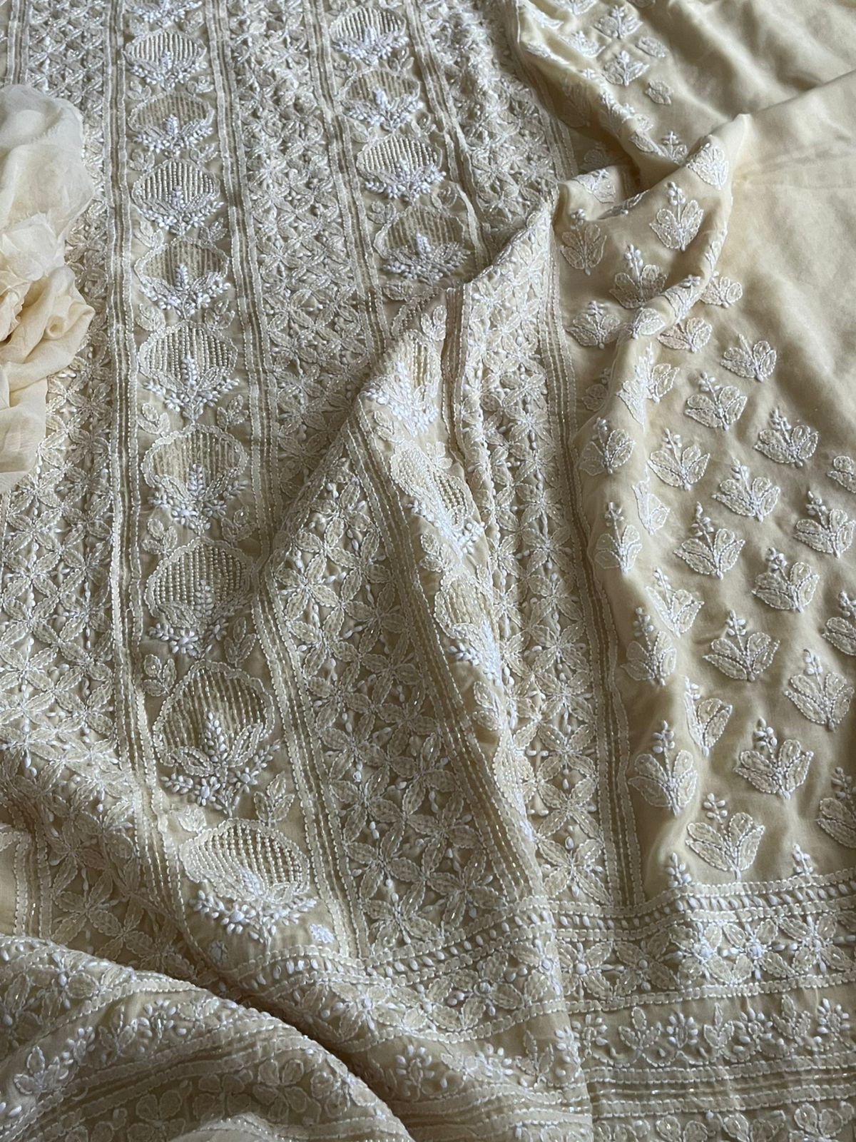 Pure mul cotton 3 piece suit with pearl work - Beige