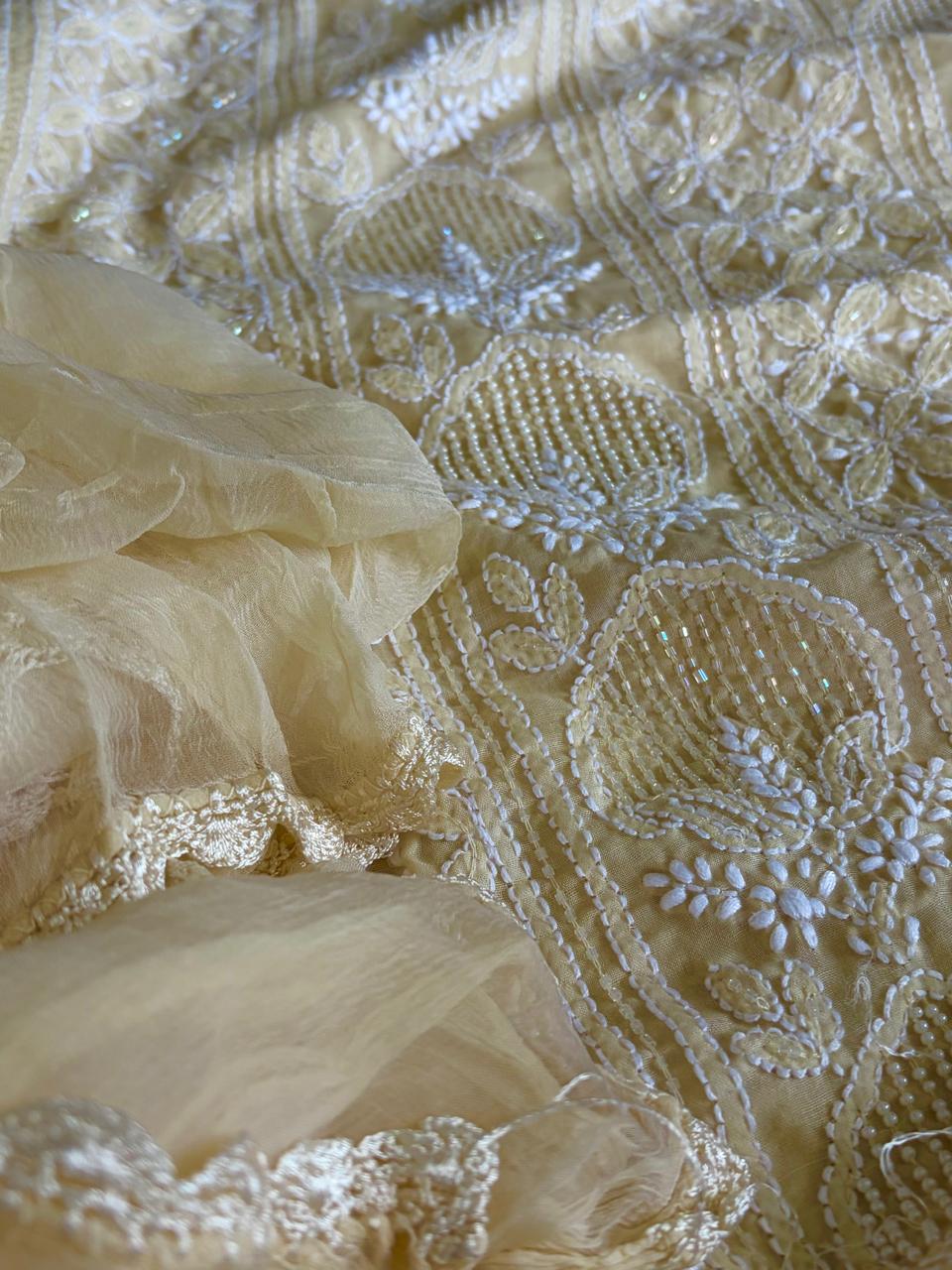 Pure mul cotton 3 piece suit with pearl work - Beige
