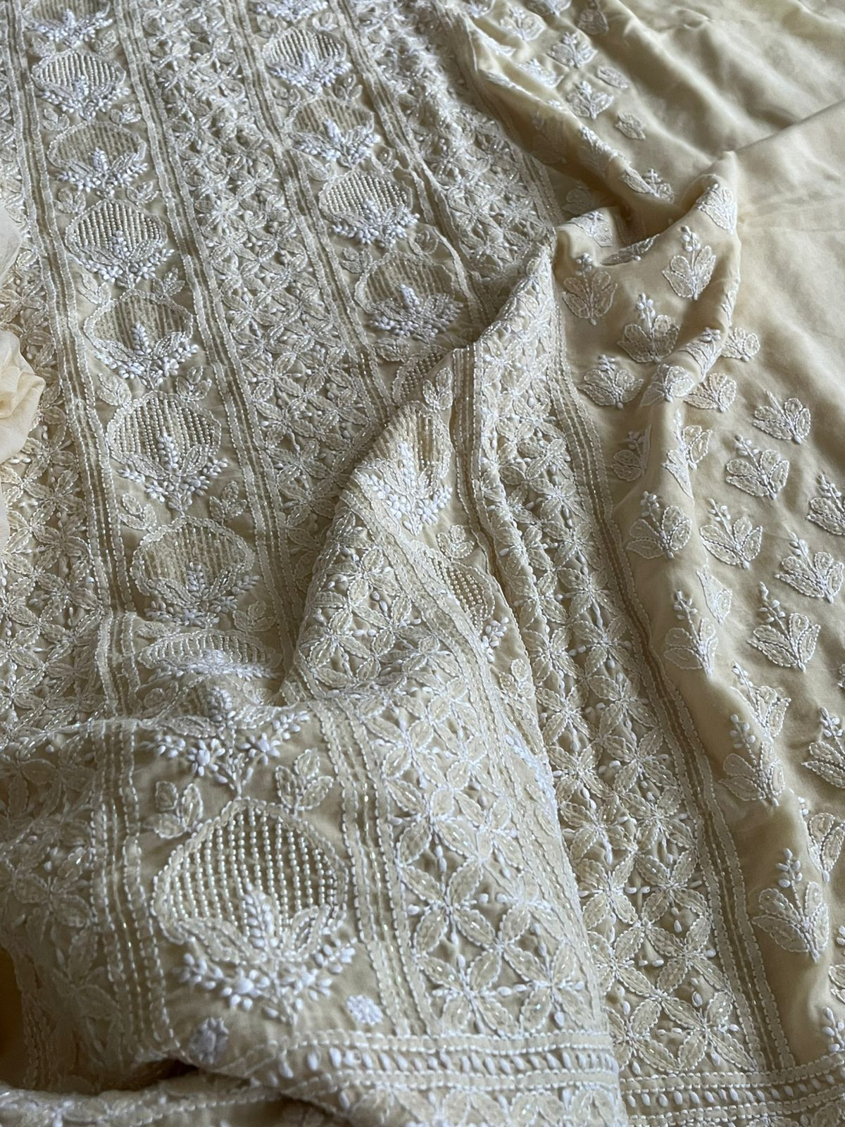 Pure mul cotton 3 piece suit with pearl work - Beige