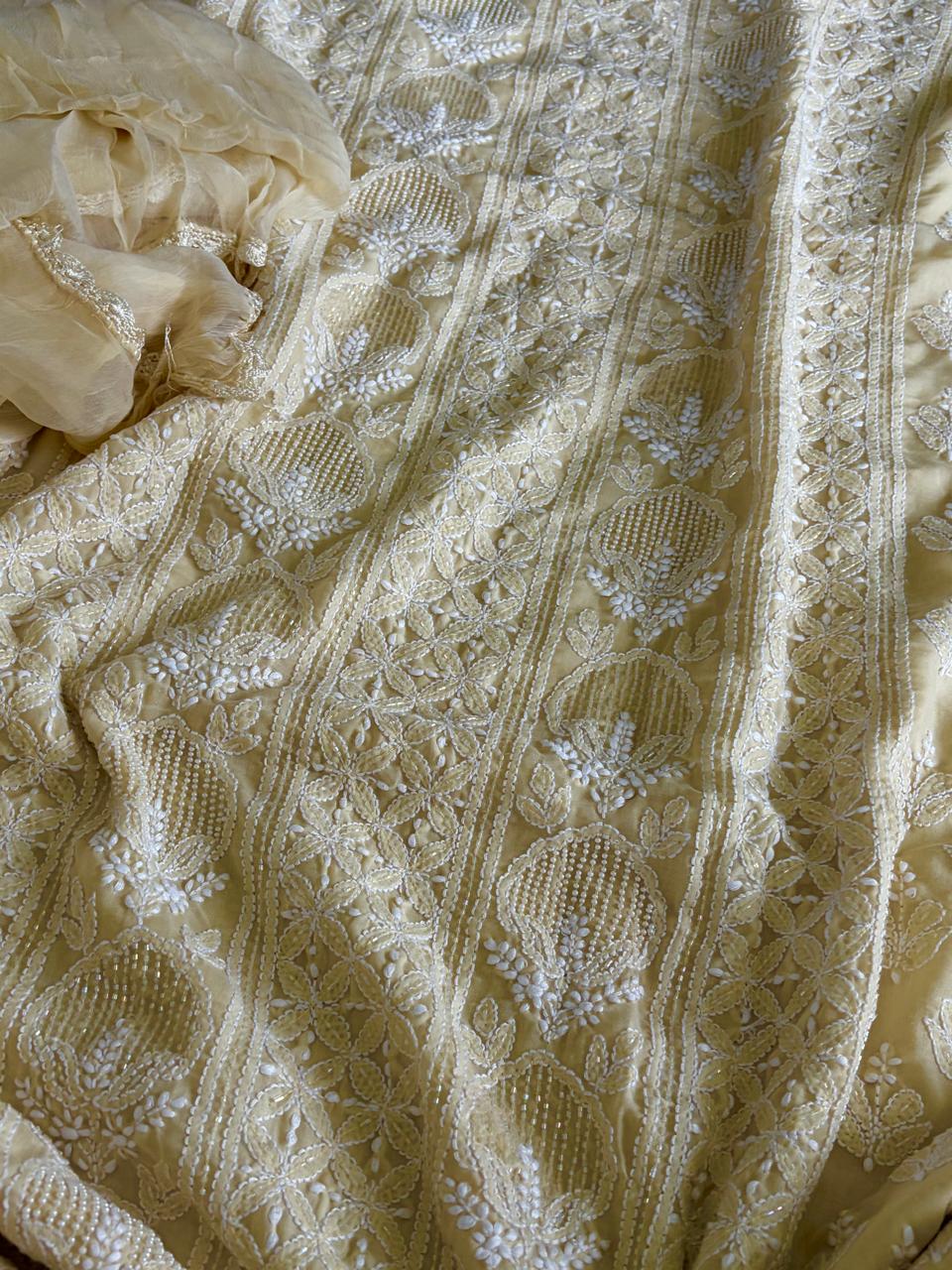 Pure mul cotton 3 piece suit with pearl work - Beige