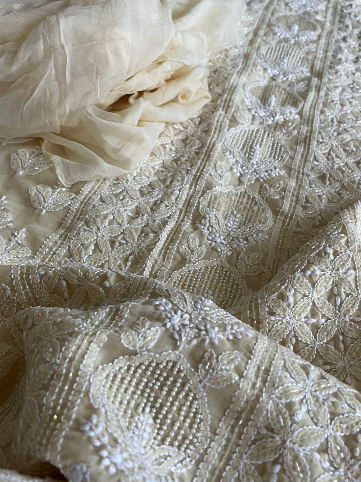 Pure mul cotton 3 piece suit with pearl work - Beige
