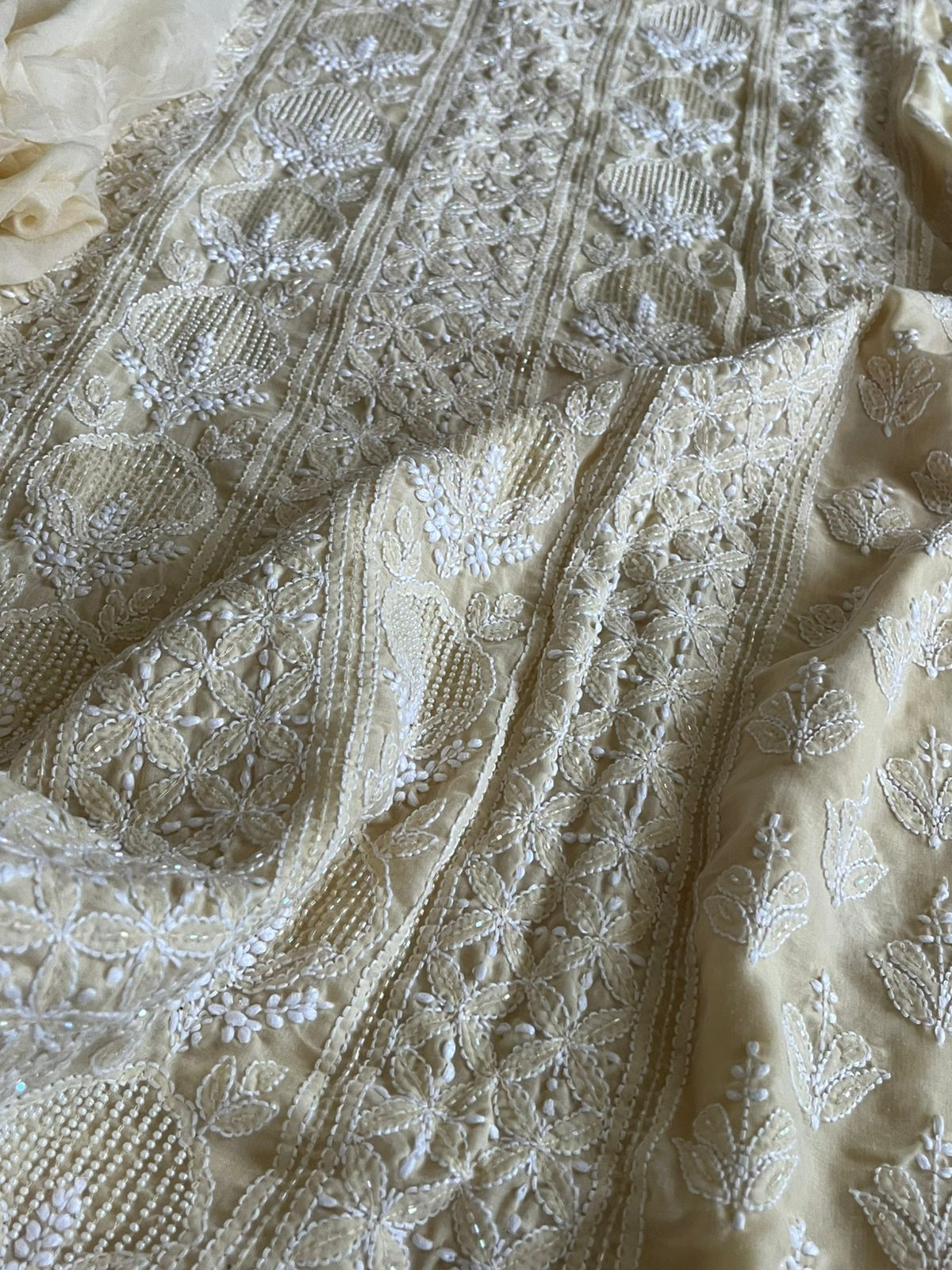 Pure mul cotton 3 piece suit with pearl work - Beige