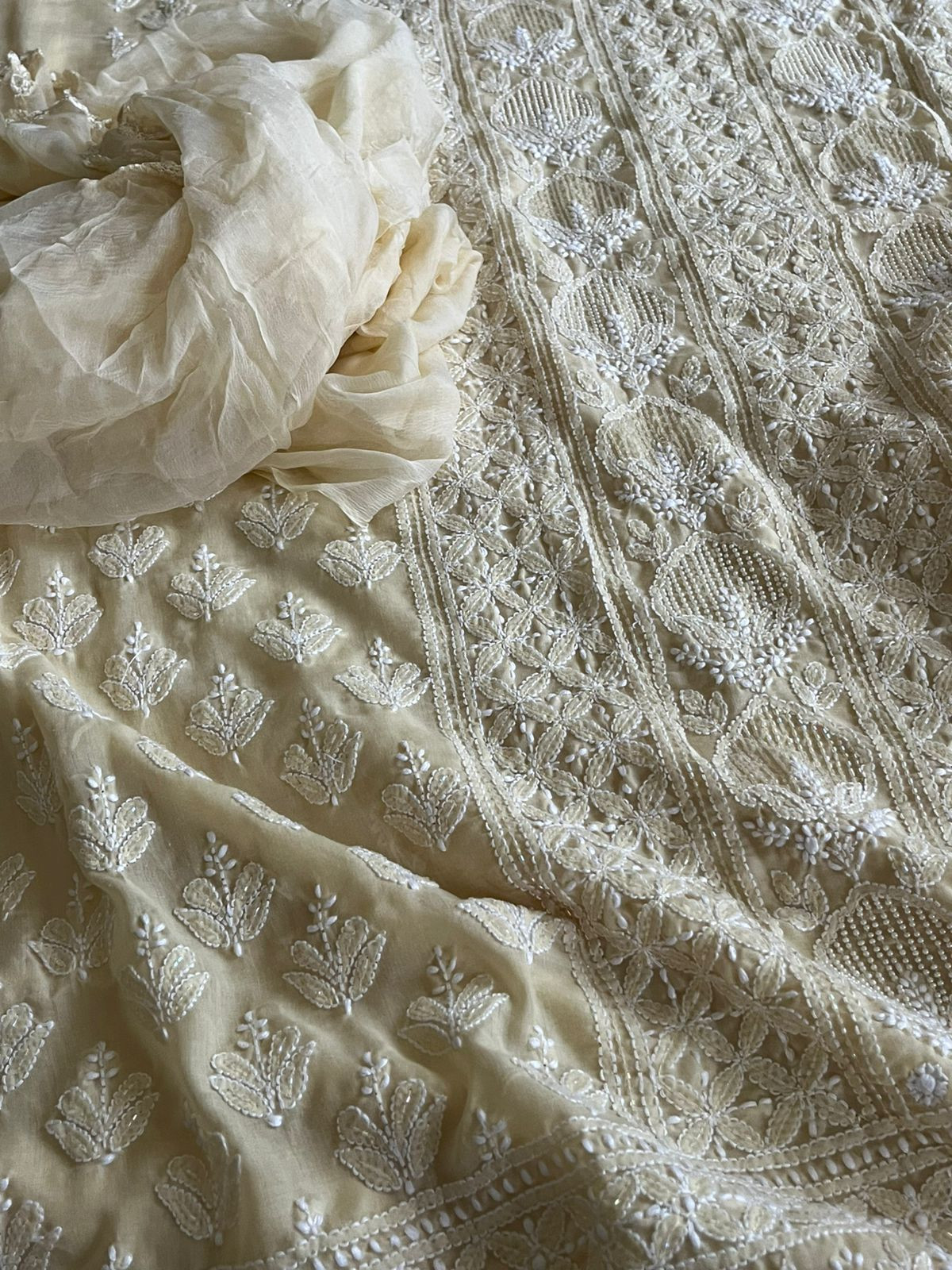 Pure mul cotton 3 piece suit with pearl work - Beige