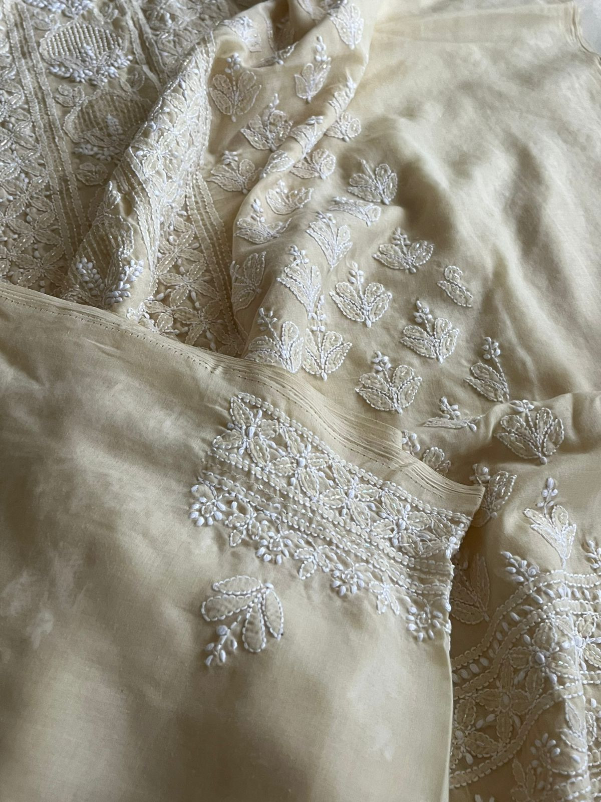 Pure mul cotton 3 piece suit with pearl work - Beige