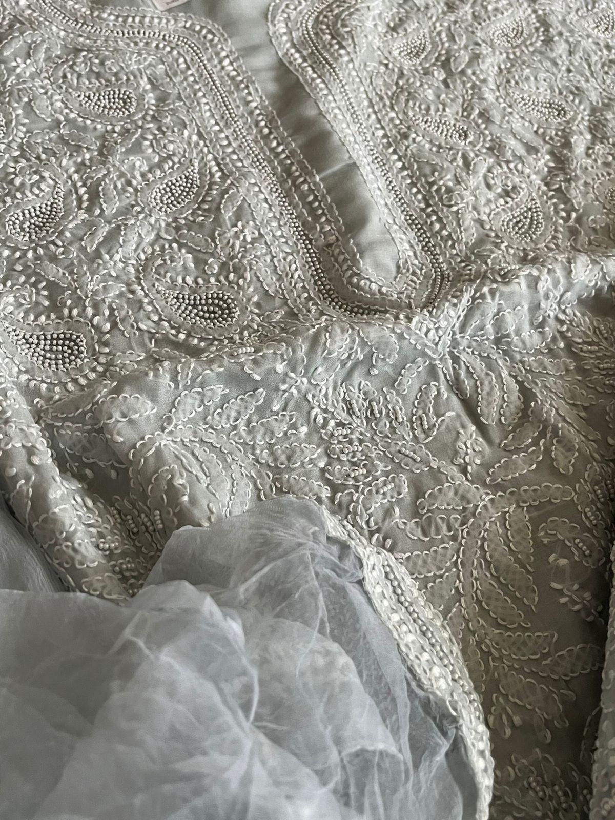 Pure Mul 3 piece suit with pearl work - Grey