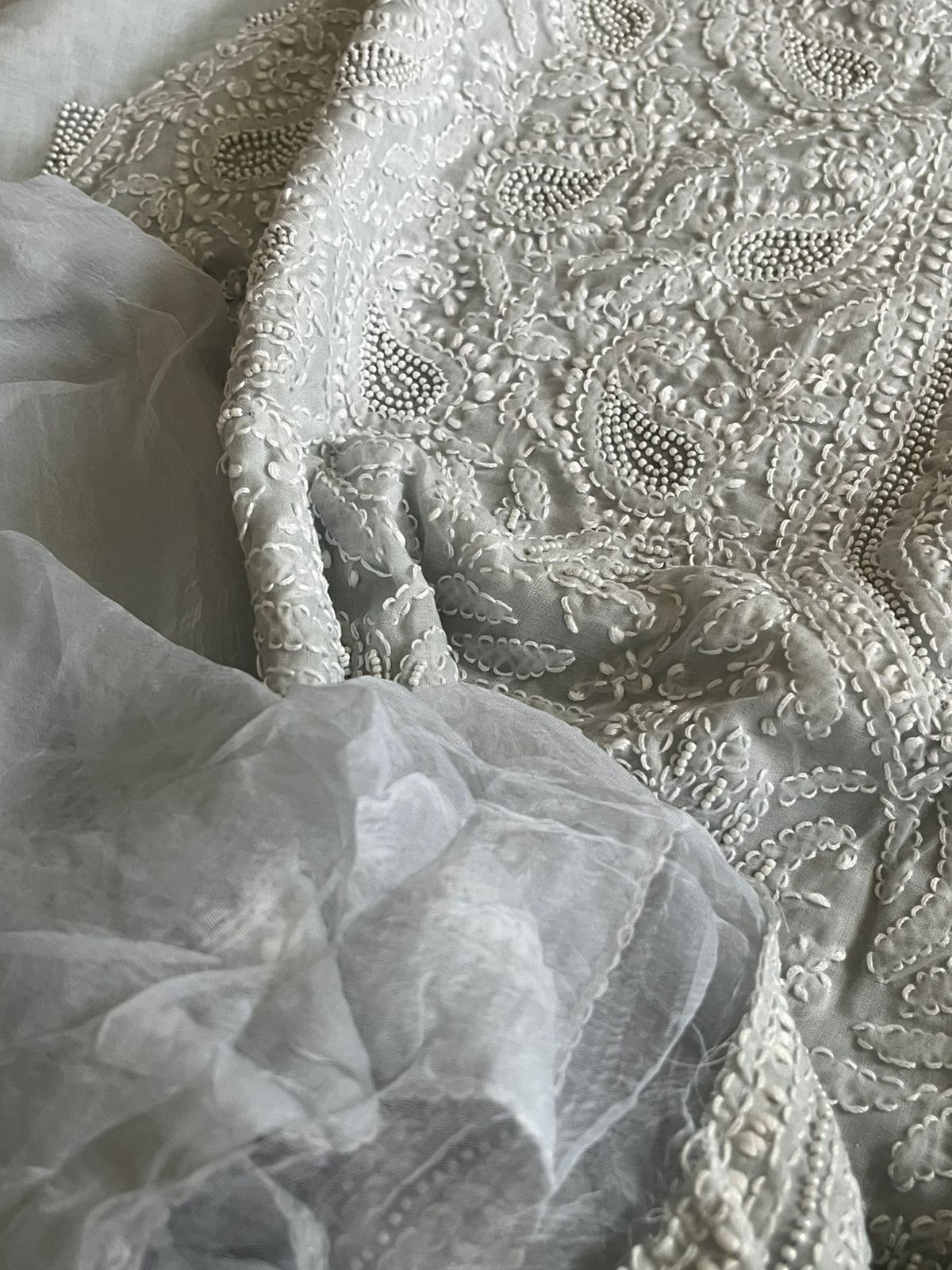 Pure Mul 3 piece suit with pearl work - Grey