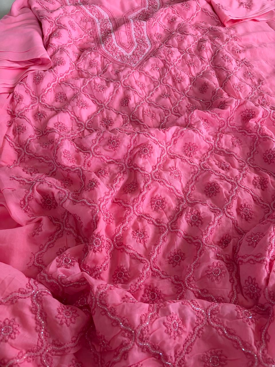 Pure mul cotton 3 piece suit with pearl work - Pink