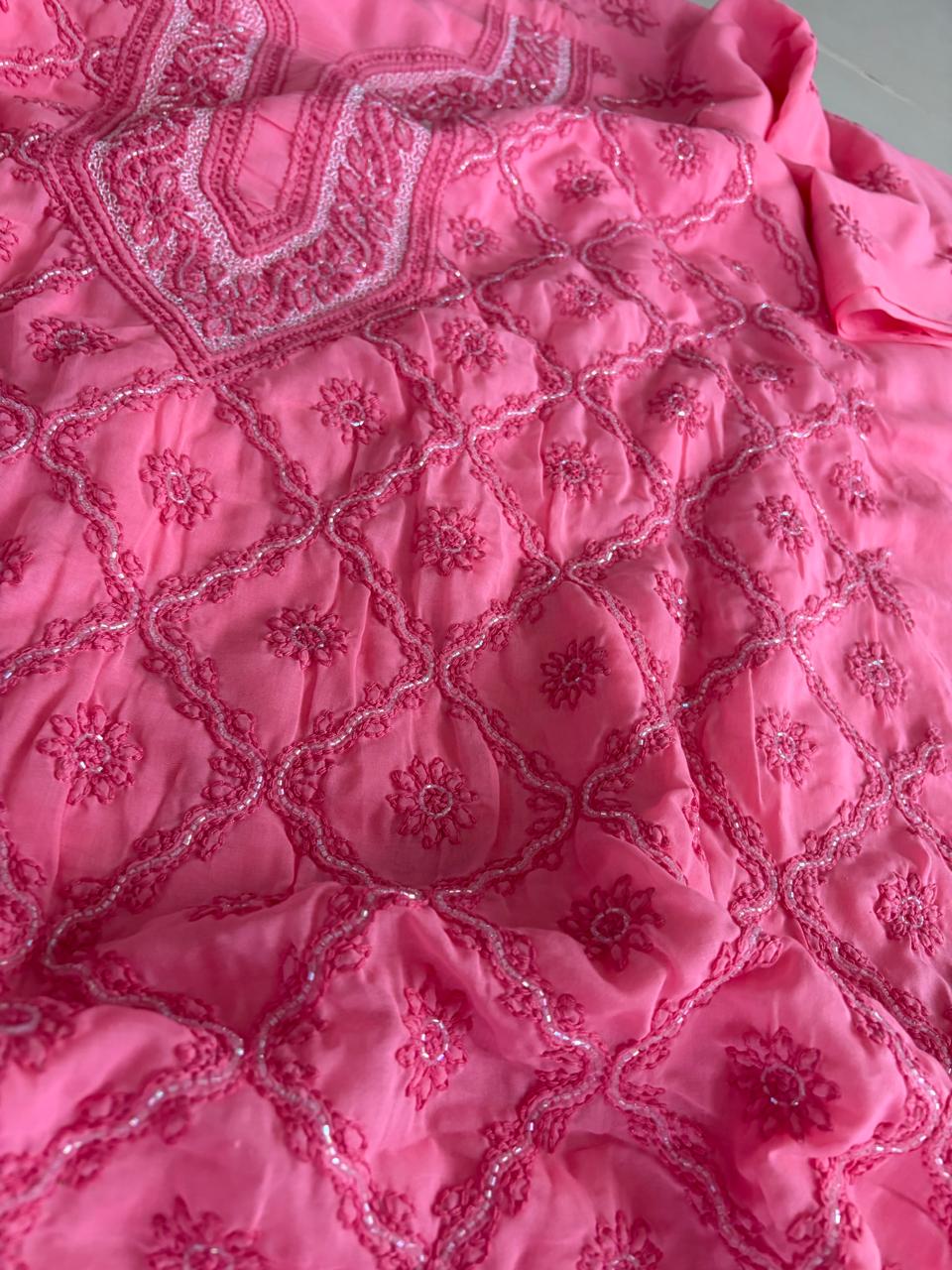 Pure mul cotton 3 piece suit with pearl work - Pink