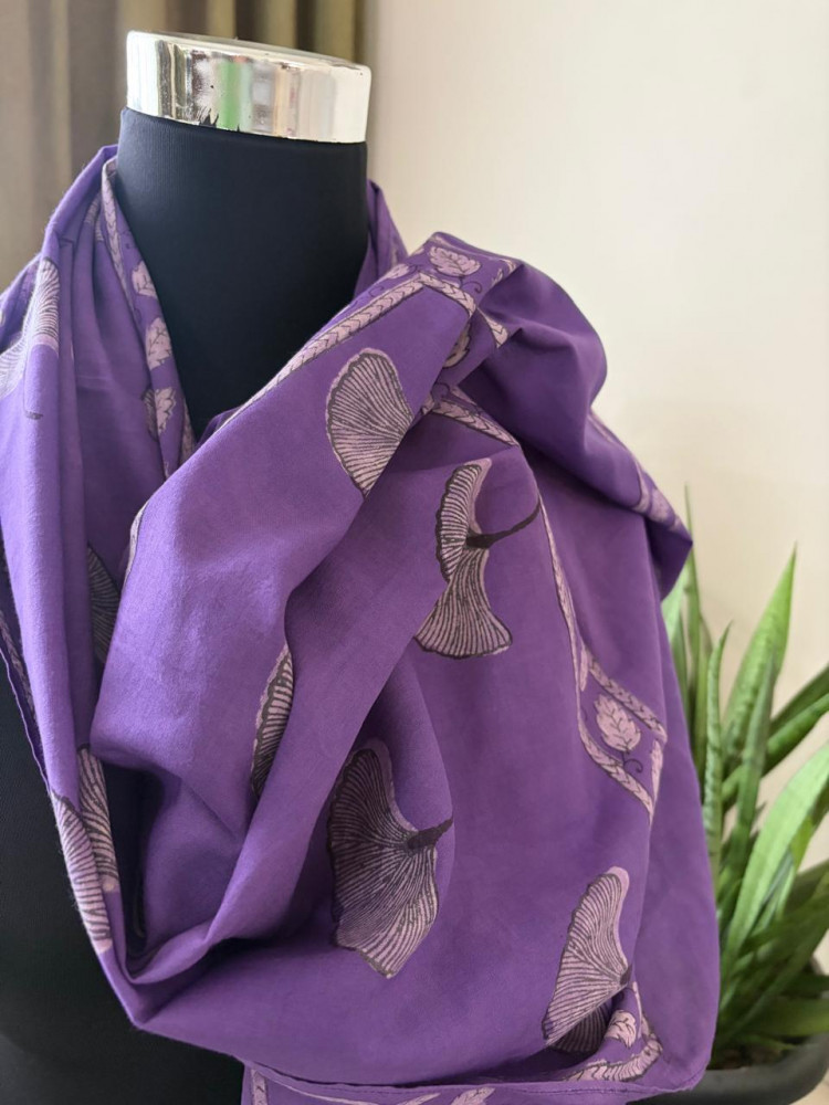 Image of Pure Mul Mul Handblock Printed Stoles with Tassels - Purple