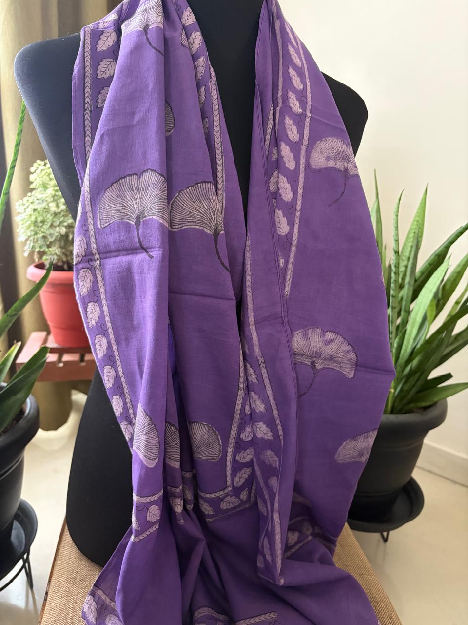 Pure Mul Mul Handblock Printed Stoles with Tassels - Purple