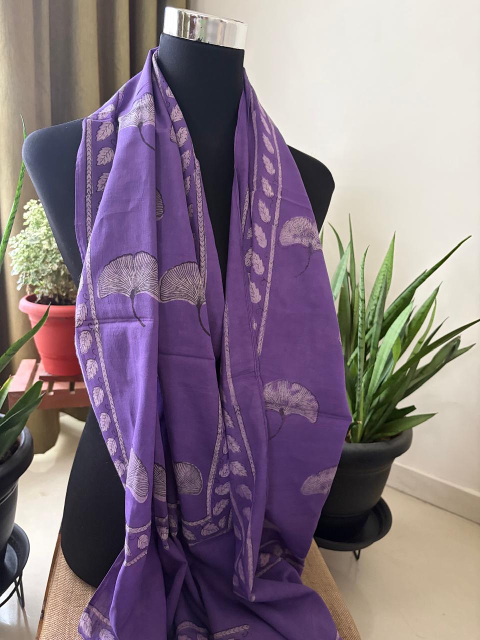Pure Mul Mul Handblock Printed Stoles with Tassels - Purple
