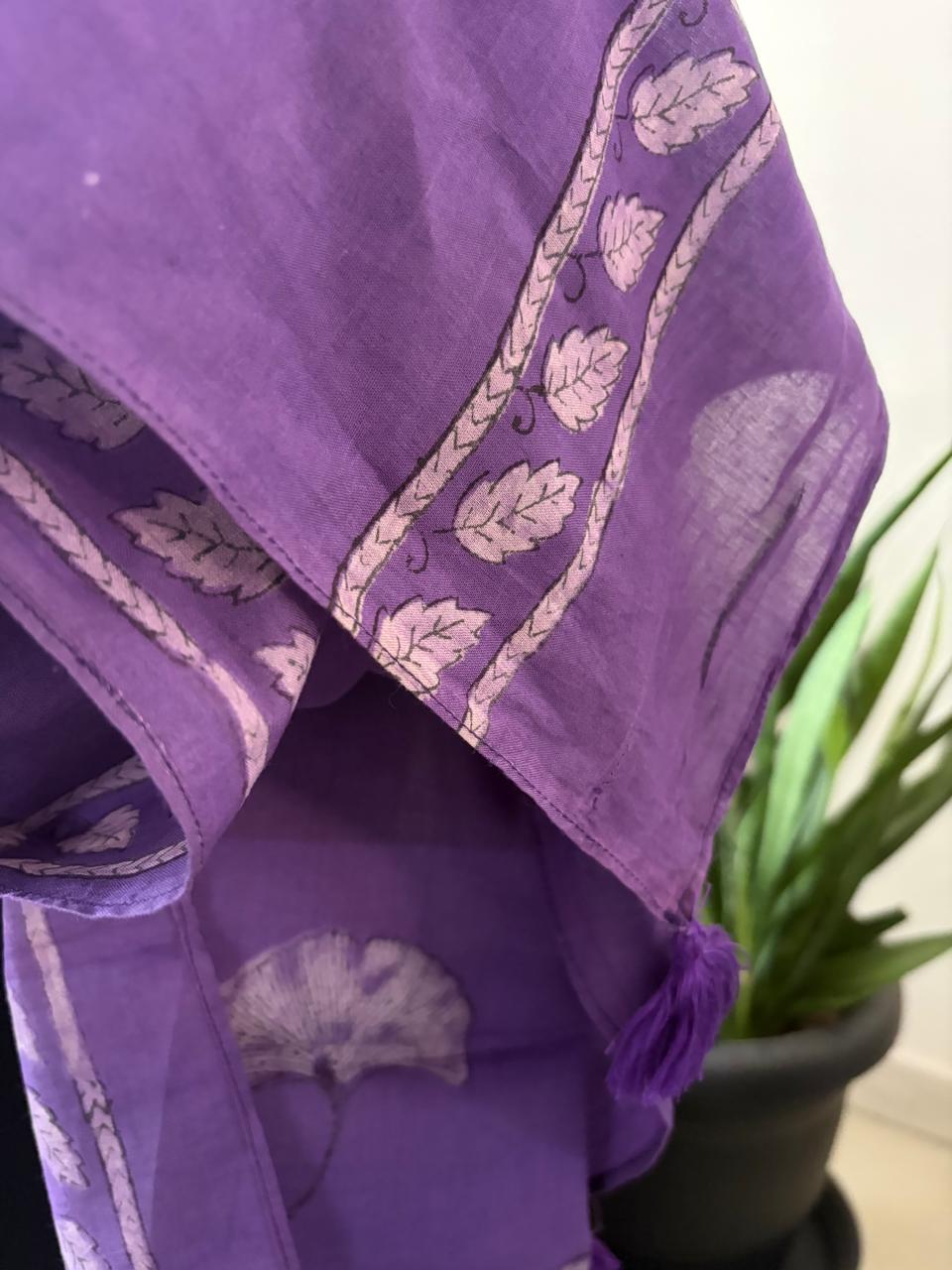 Pure Mul Mul Handblock Printed Stoles with Tassels - Purple